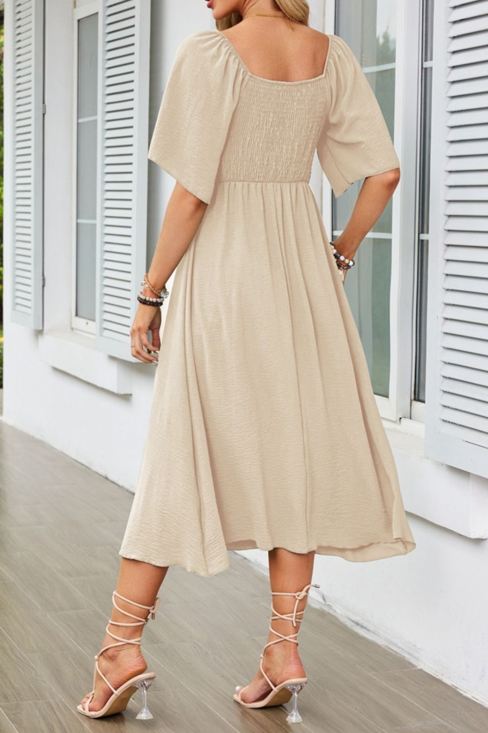 Smocked Tie Front Flutter Sleeve Midi Dress