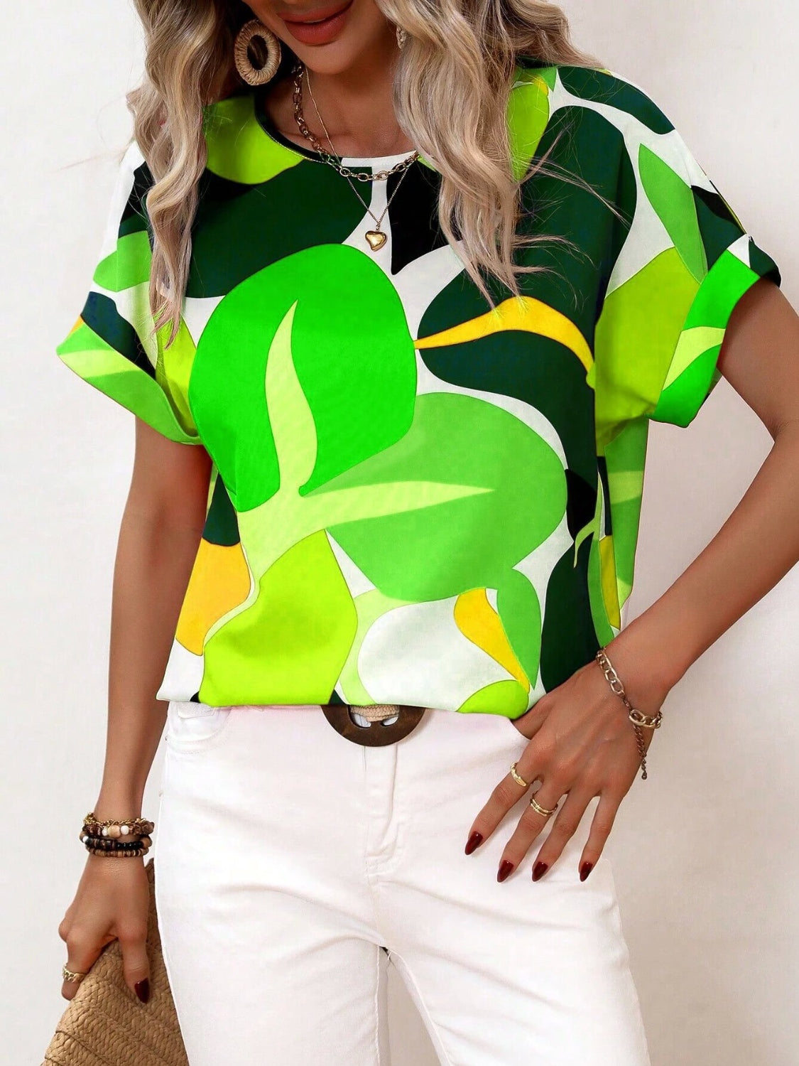 Contrast Round Neck Short Sleeve Blouse