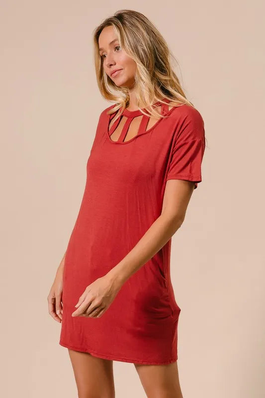 BiBi Front Cutout Mini Tee Dress with Pockets