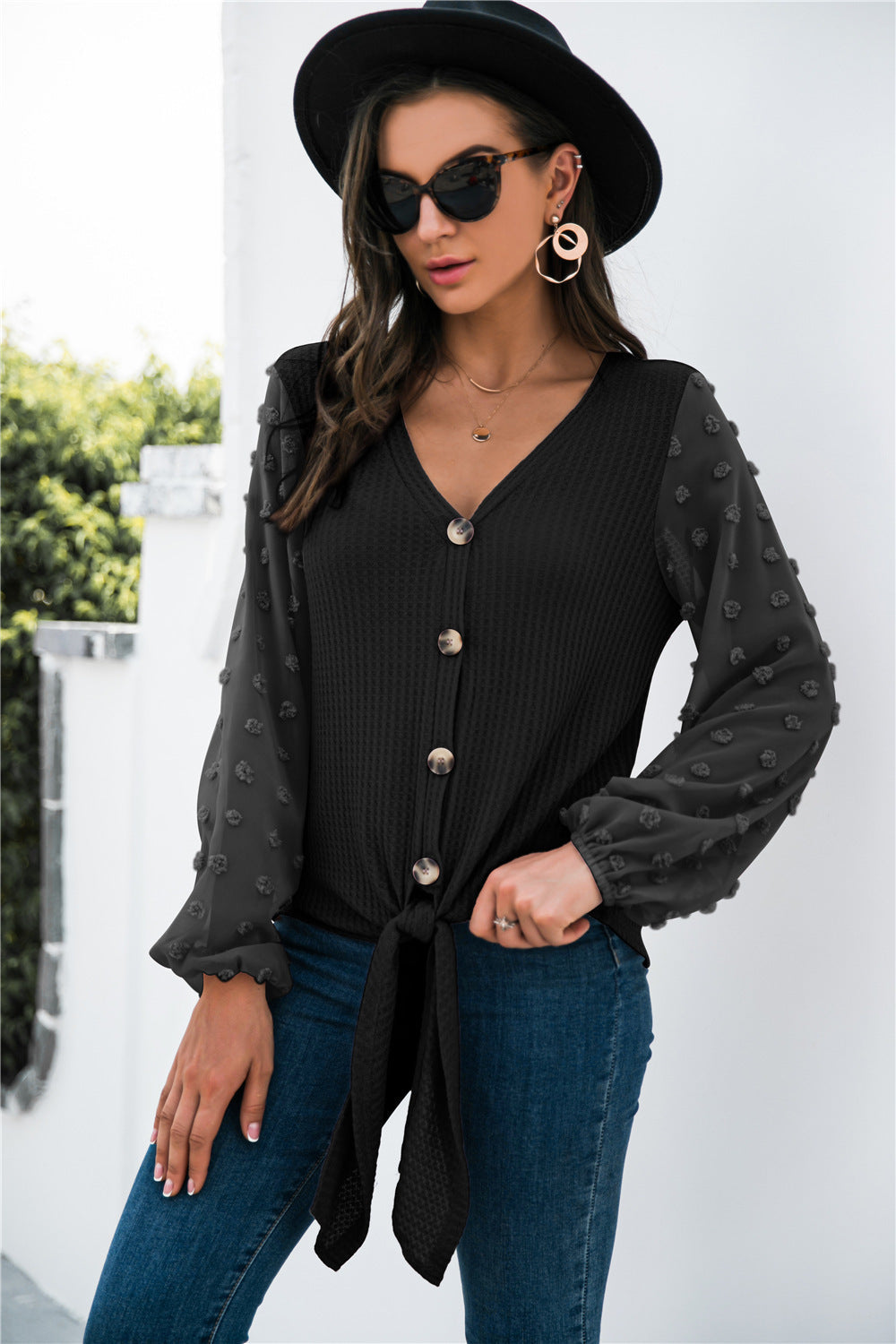 Sweet Texture – Tie-Front Puff Sleeve Button Blouse