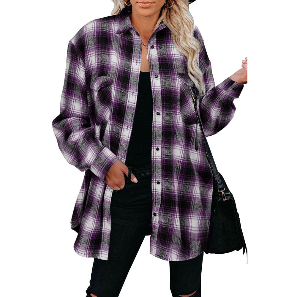 Oversized Plaid Shirt Jacket - Mid-Length Button Up Polyester Blend