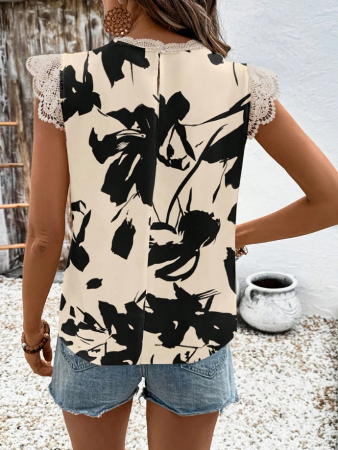 Lace Detail Printed Cap Sleeve Blouse