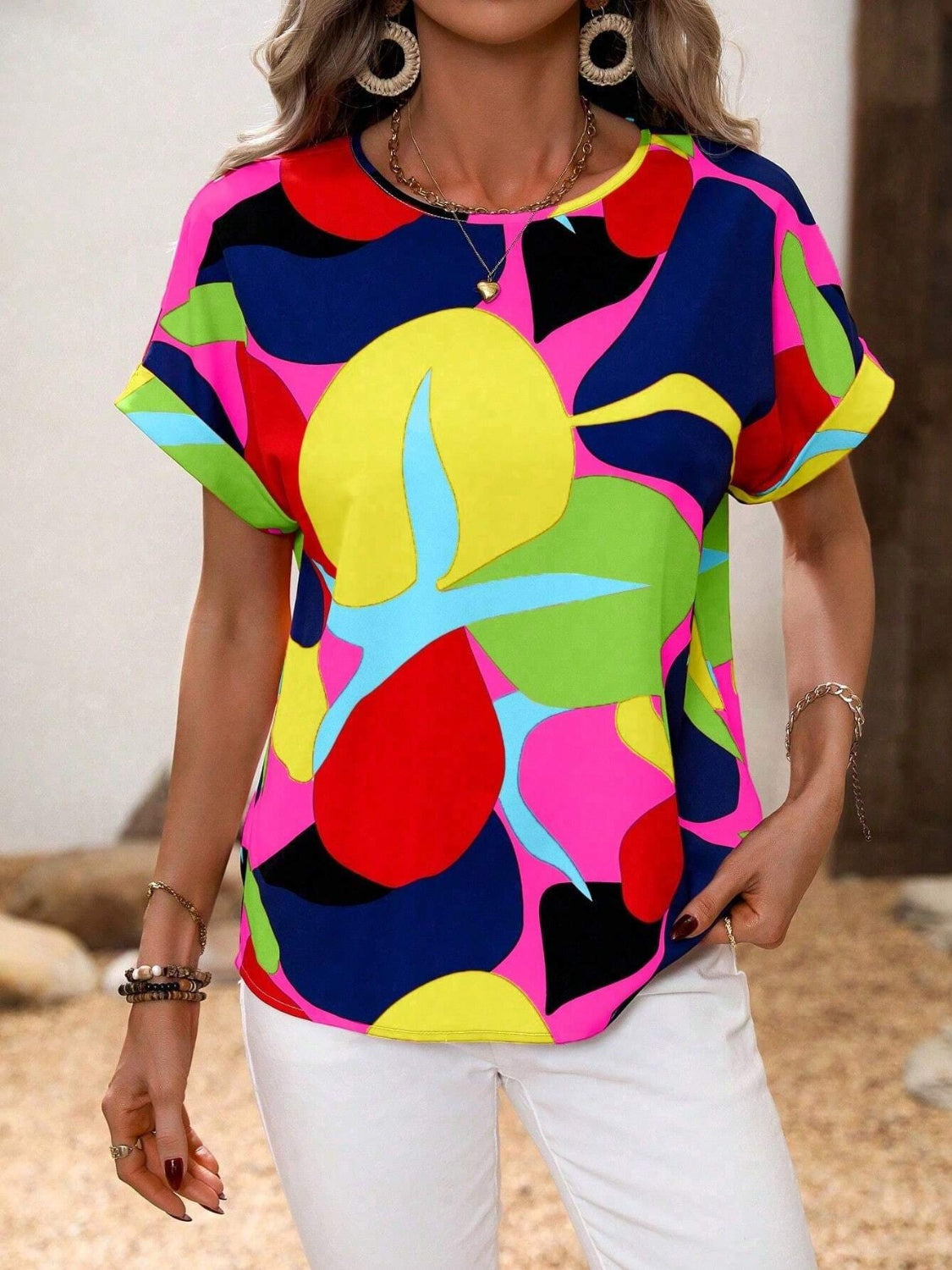 Contrast Round Neck Short Sleeve Blouse
