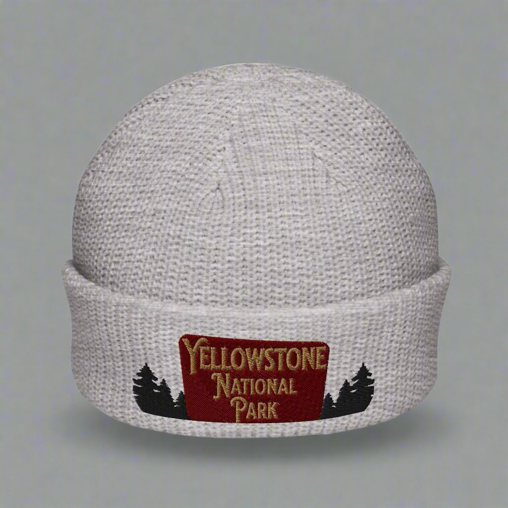 Yellowstone National Park Sign Embroidered Beanie Outdoorsy Fisherman Style