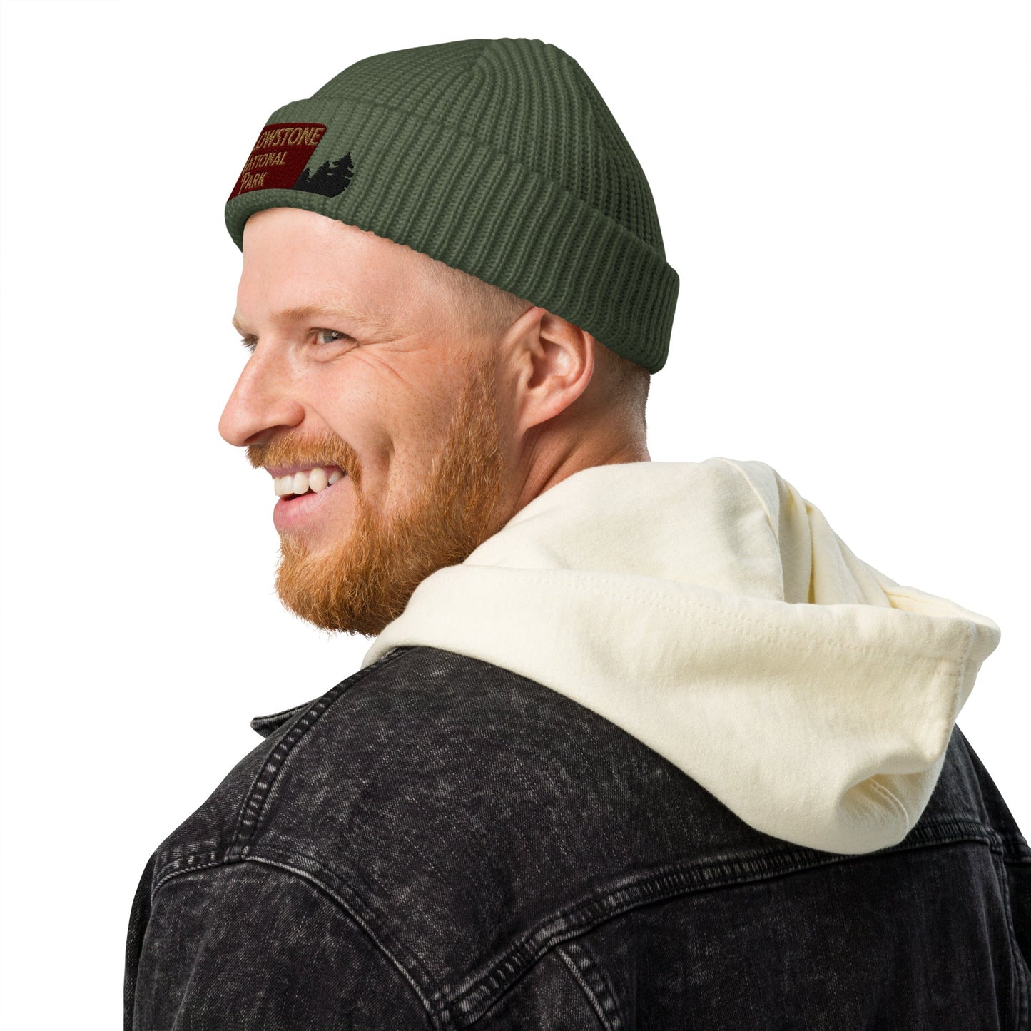 Yellowstone National Park Sign Embroidered Beanie Outdoorsy Fisherman Style