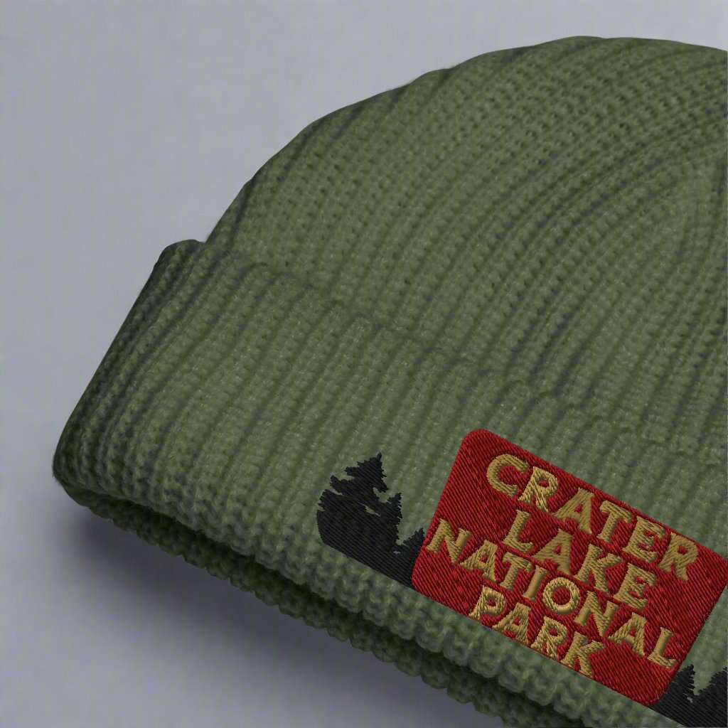 Crater Lake Embroidered National Park Sign Beanie Wharf Fisherman Style Sewn Outdoors Winter Hat