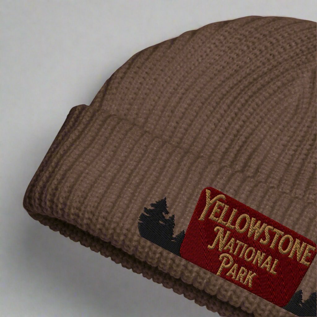 Yellowstone National Park Sign Embroidered Beanie Outdoorsy Fisherman Style