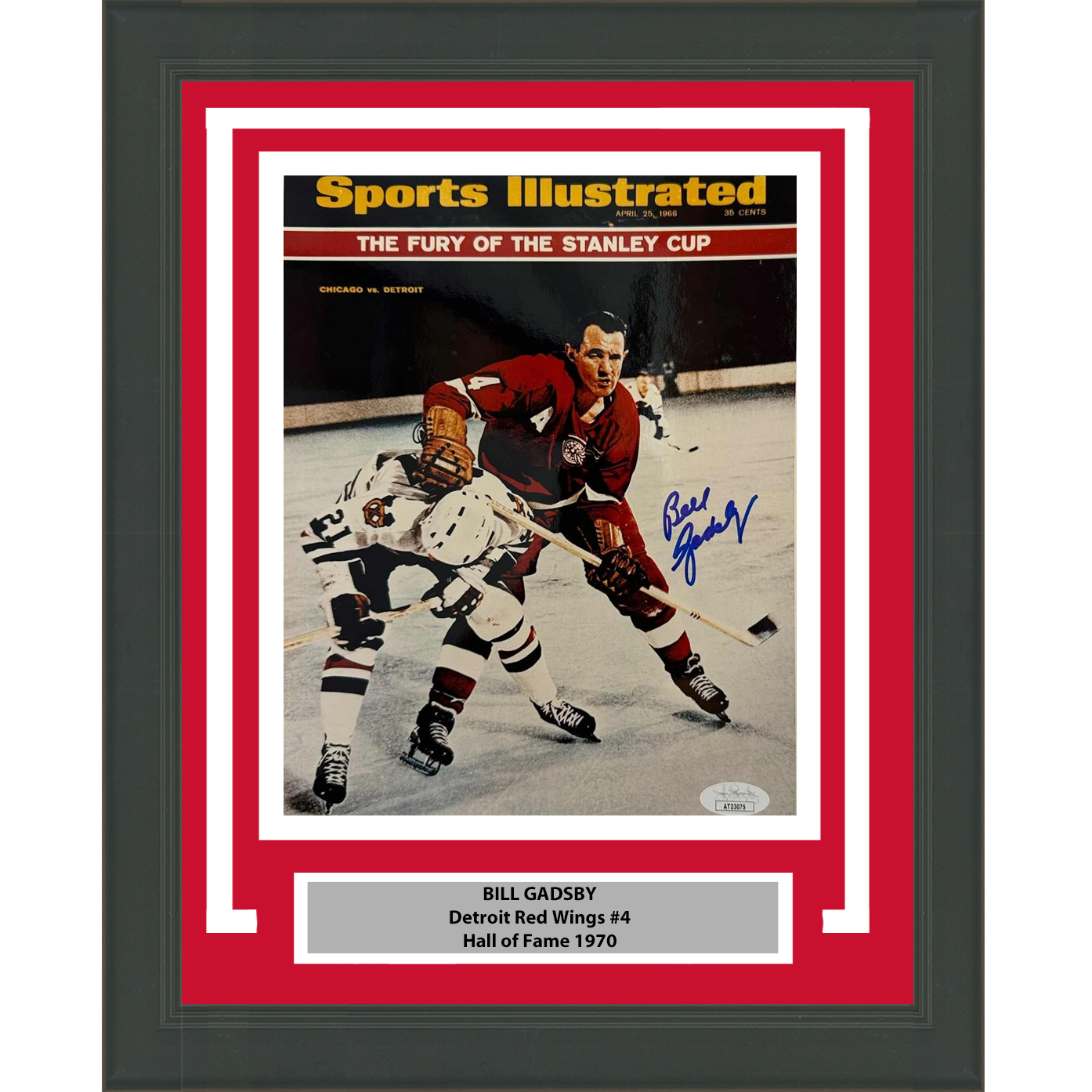 Framed Autographed/Signed Bill Gadsby Detroit Red Wings 8x10 Hockey Photo JSA COA