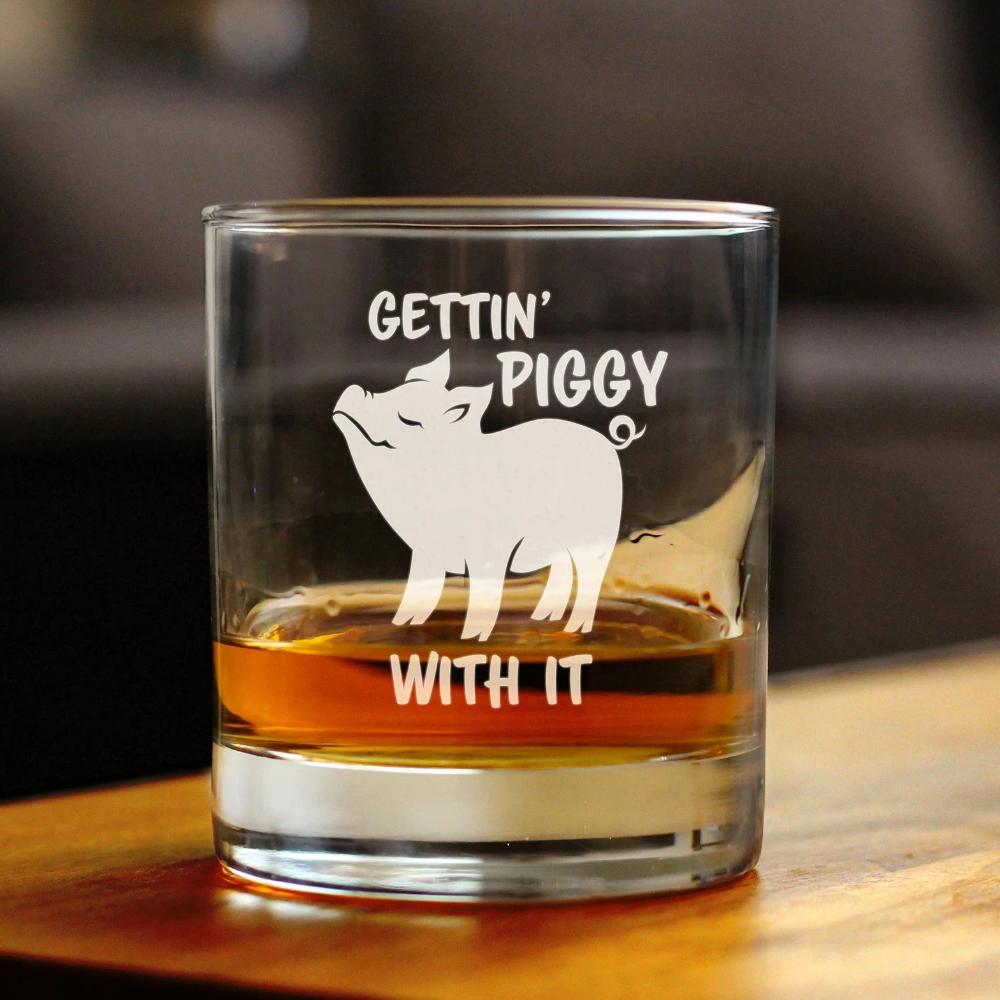 Gettin Piggy With It - Funny Pig Whiskey Rocks Glass Gifts for Men & Women - Fun Whisky Drinking Tumbler Décor