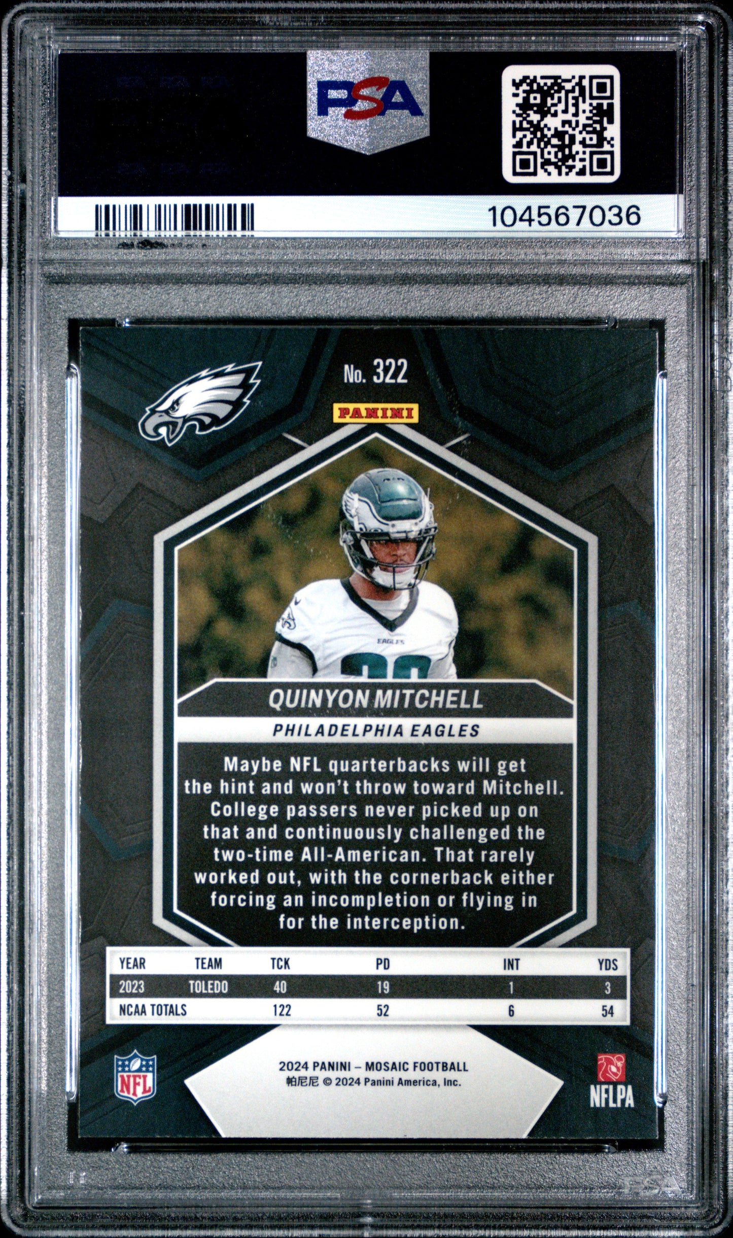Graded 2024 Panini Mosaic Quinyon Mitchell #322 Rookie RC Football Card PSA 10 Gem Mint