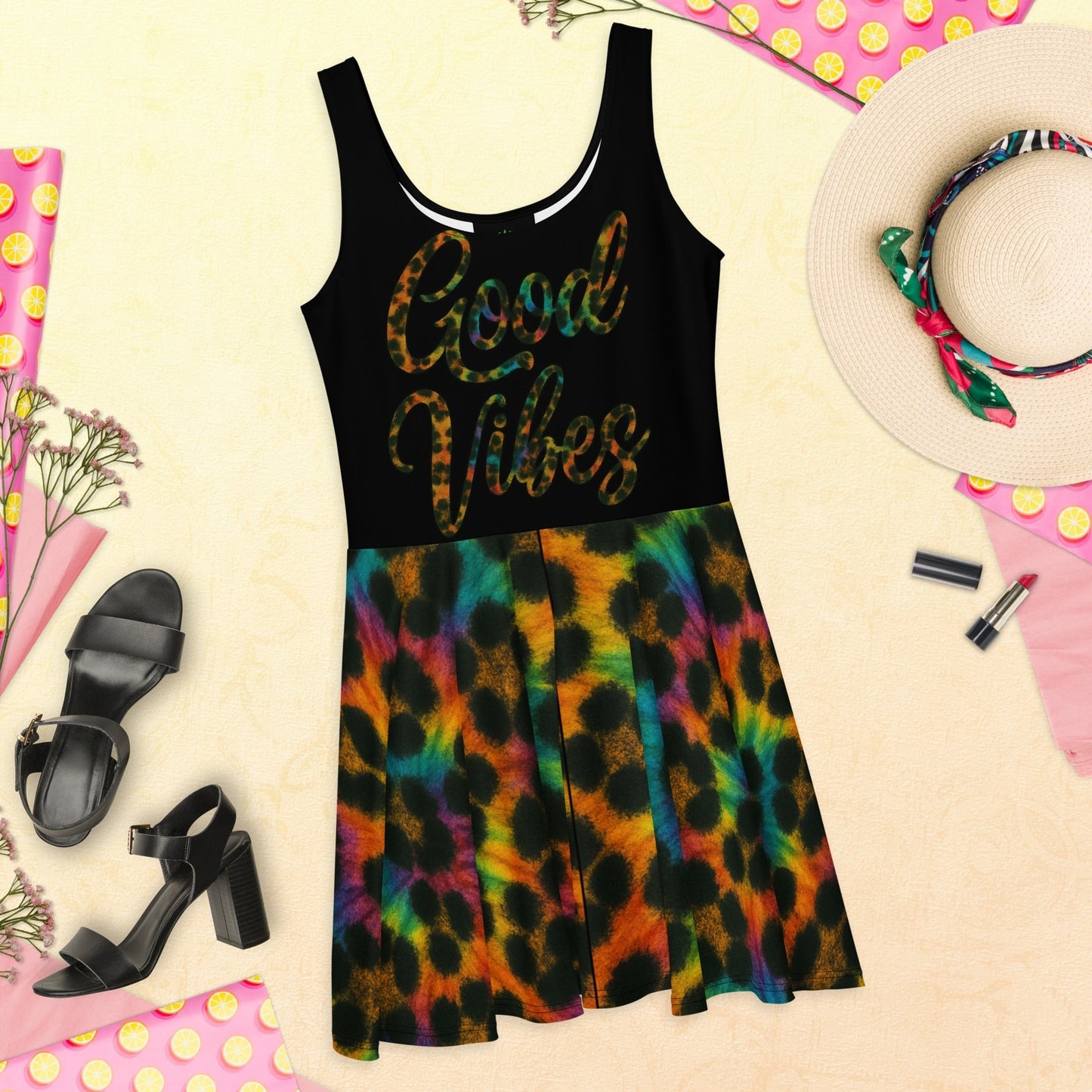 Good Vibes Cheetah Tie-dye Skater Dress