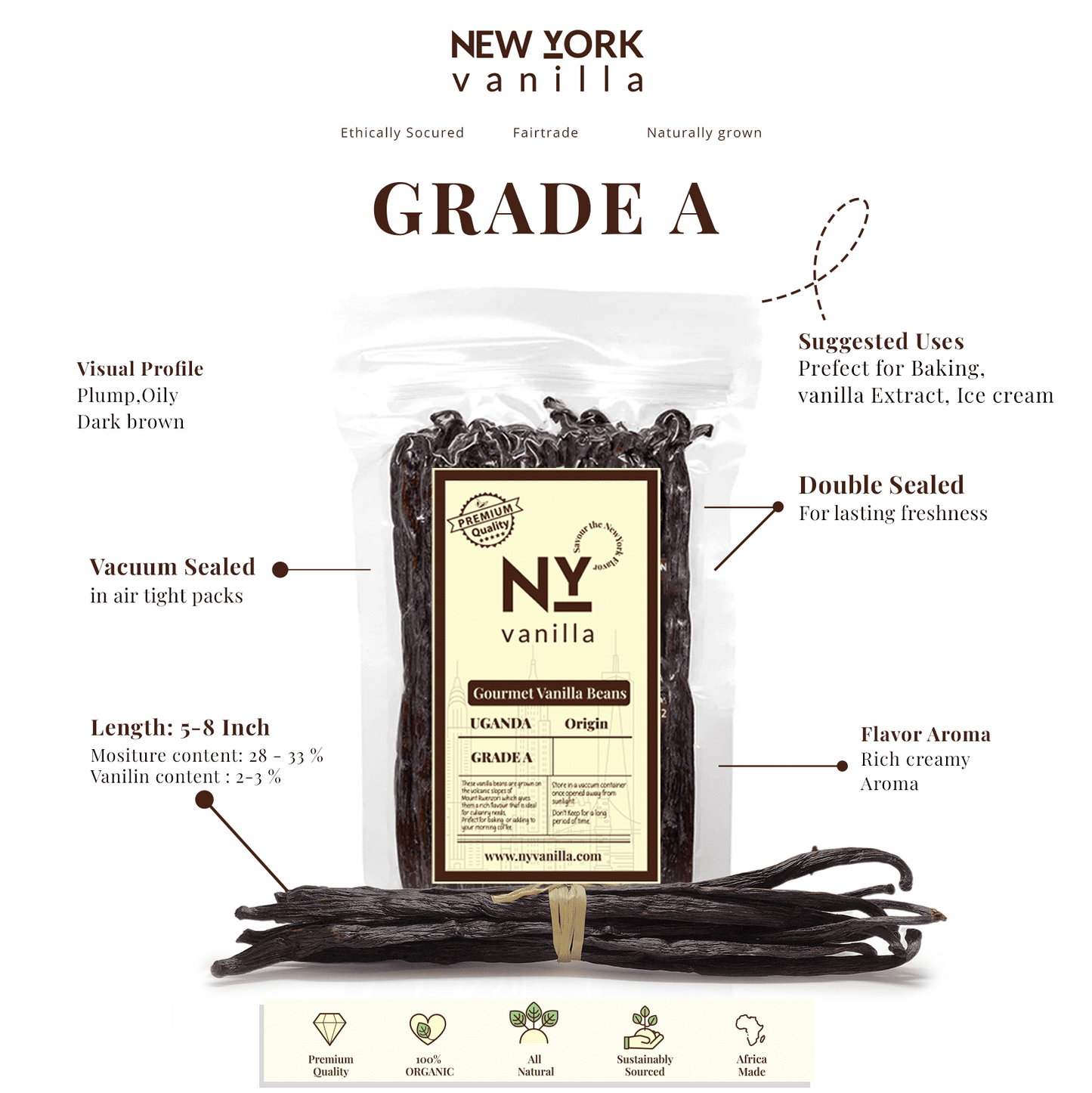 Whole Bulk Vanilla Beans - Order - NON GMO Gourmet Vanilla Pods 6 - 8 Inches For making Baking Whole Premium Vanilla Beans Grade A  by New York Vanilla