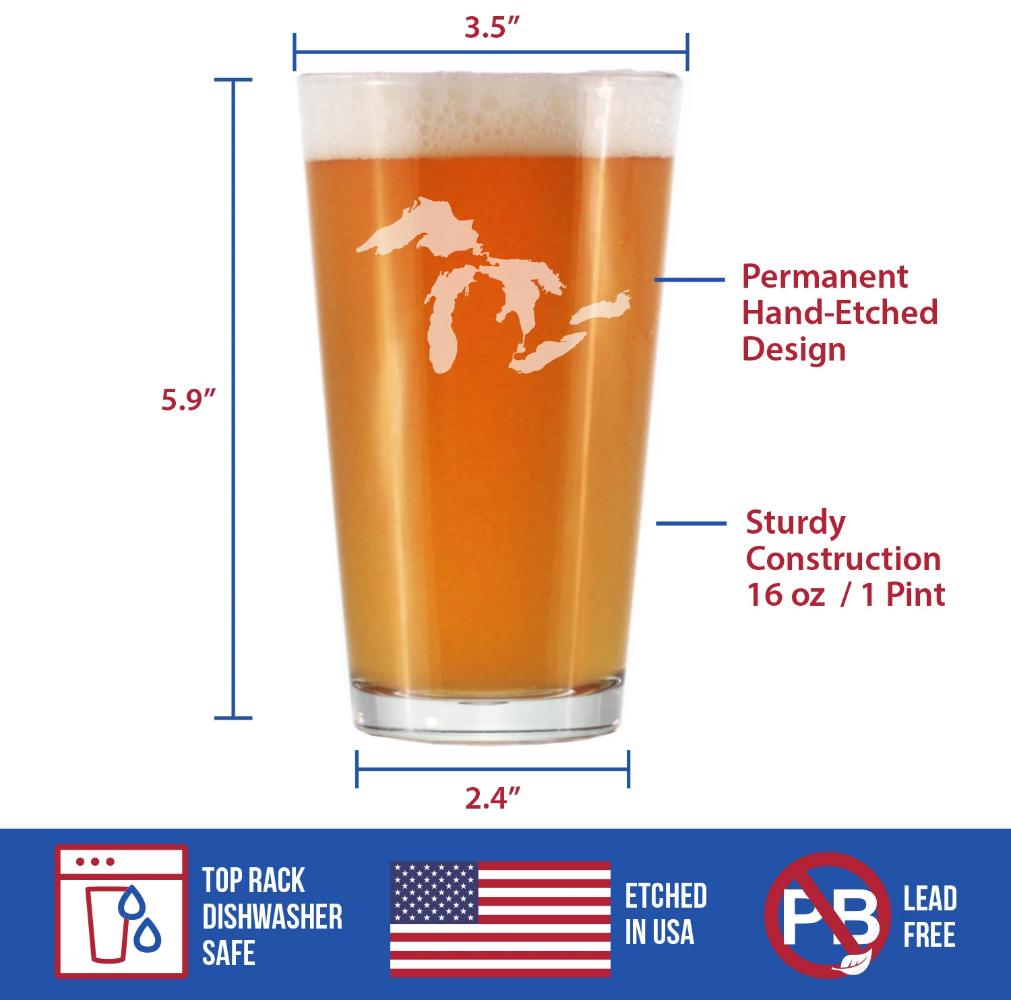 Great Lakes Map Pint Glass Gift for Beer Drinking Men & Women - 16 oz Glassware - Unique Engraved Barware Gifts