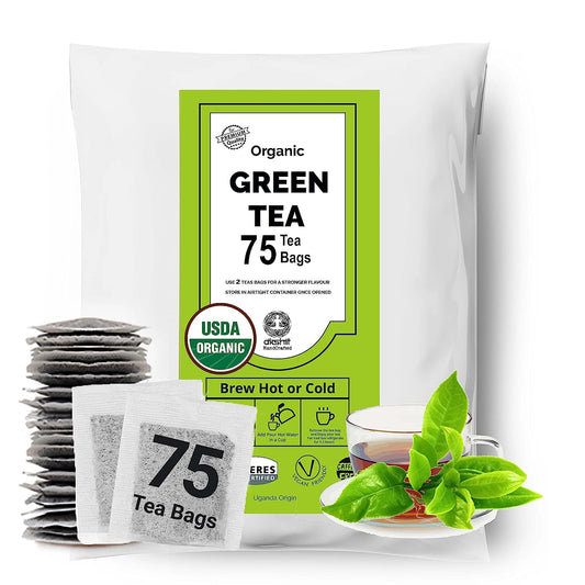 Akshit 75 Green Tea Bags, 100% Pure Green Leaf Tea, Green Tea (té verde), Caffeine-Free, Relaxing Tea, Non-Gmo, Brew Hot or Iced Tea.