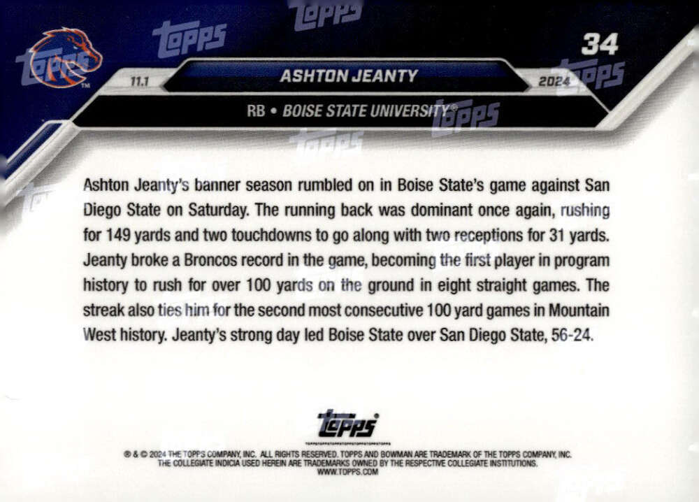 2024 Topps Bowman U Now Ashton Jeanty #34 Blue #/49 Boise State Broncos Rookie RC Football Card