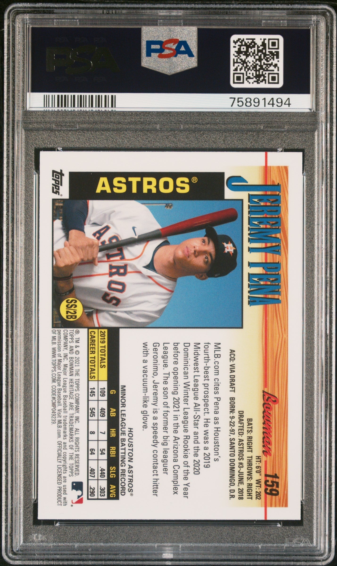 Graded 2021 Topps Bowman Heritage Jeremy Pena #159 Chrome Rookie RC Baseball Card PSA 10 Gem Mint