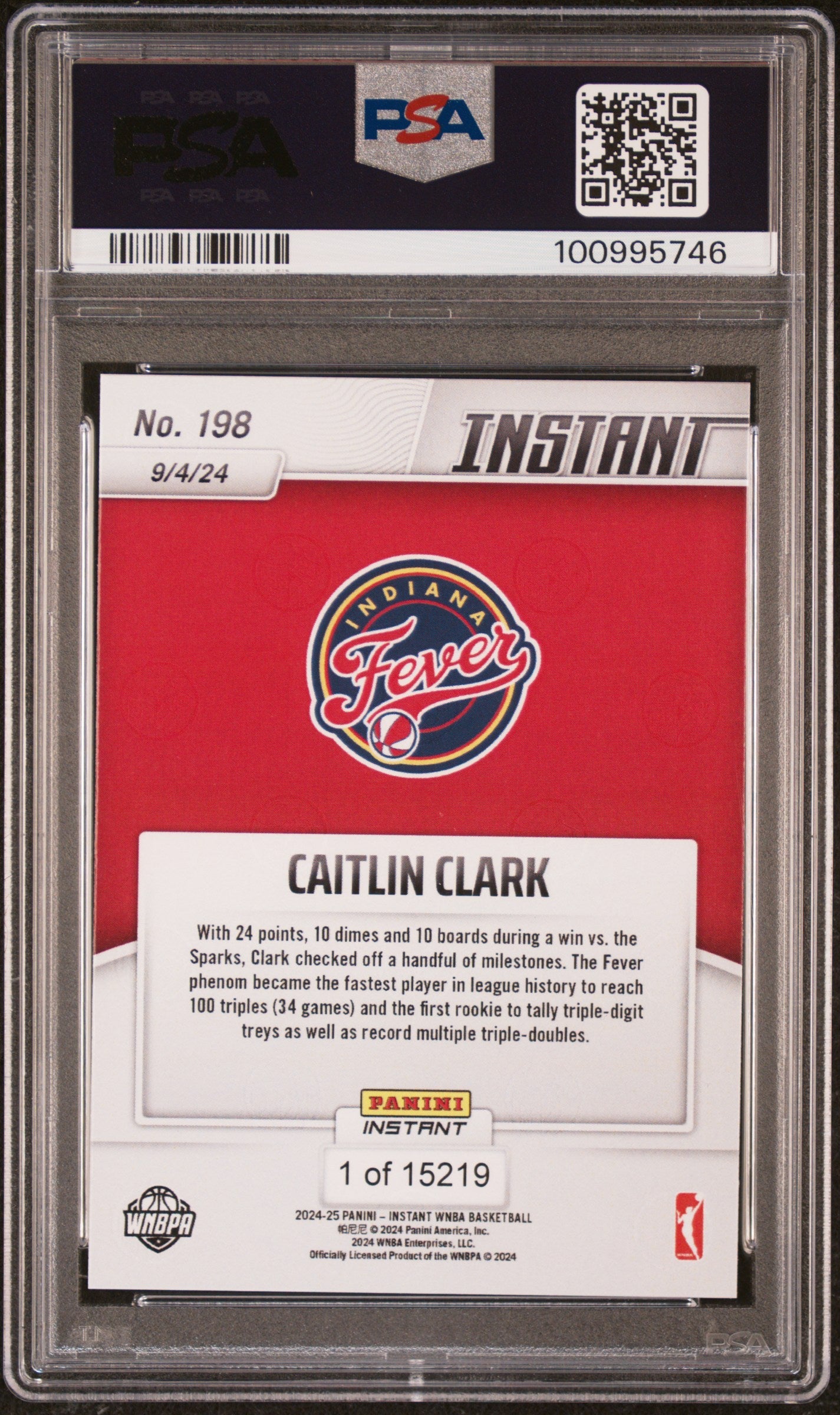 Graded 2024 Panini Instant WNBA Caitlin Clark #198 Rookie RC Basketball Card PSA 10 Gem Mint