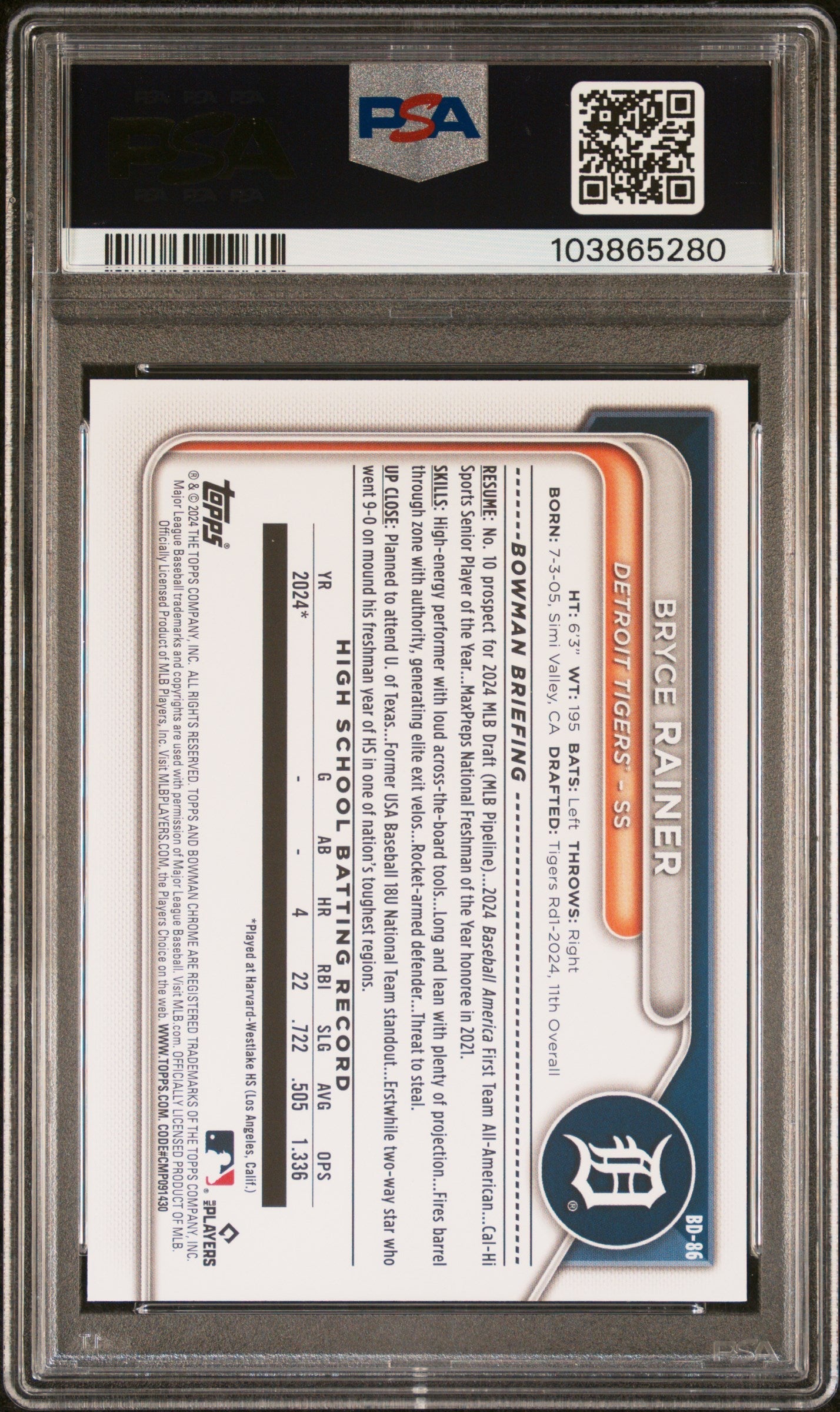 Graded 2024 Topps Bowman Draft Bryce Rainer #BD86 Rookie RC Baseball Card PSA 10 Gem Mint