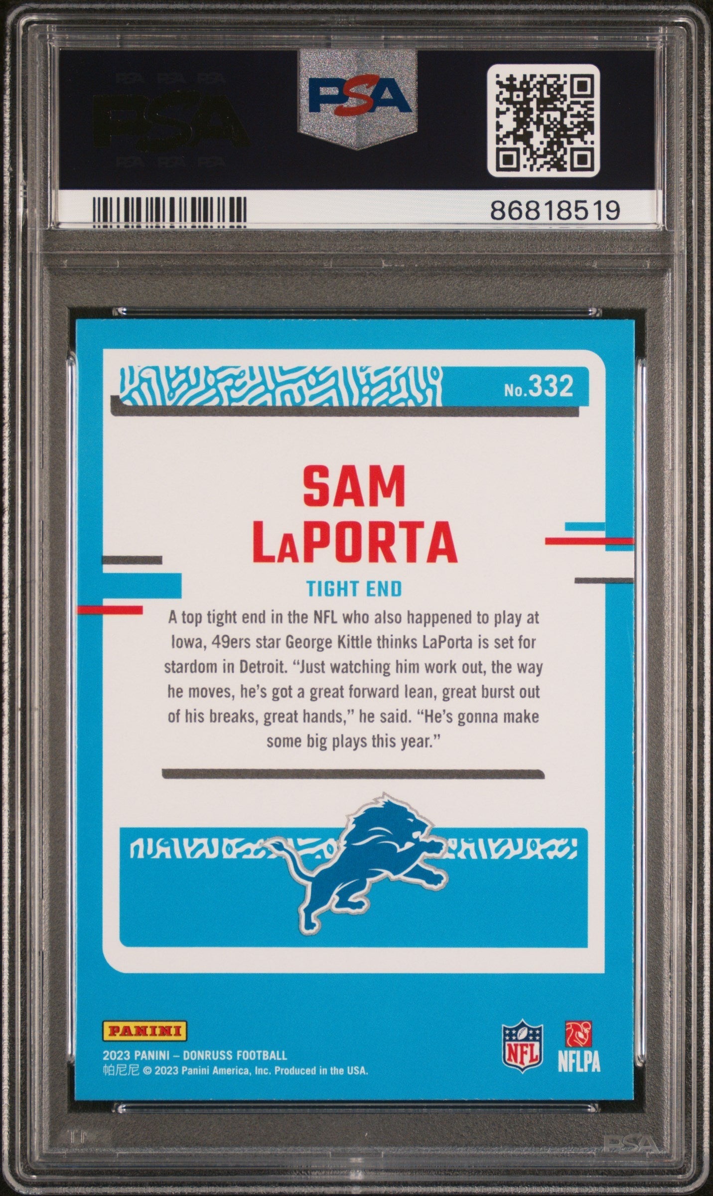 Graded 2023 Panini Donruss Sam LaPorta #332 Rookie RC Football Card PSA 10 Gem Mint