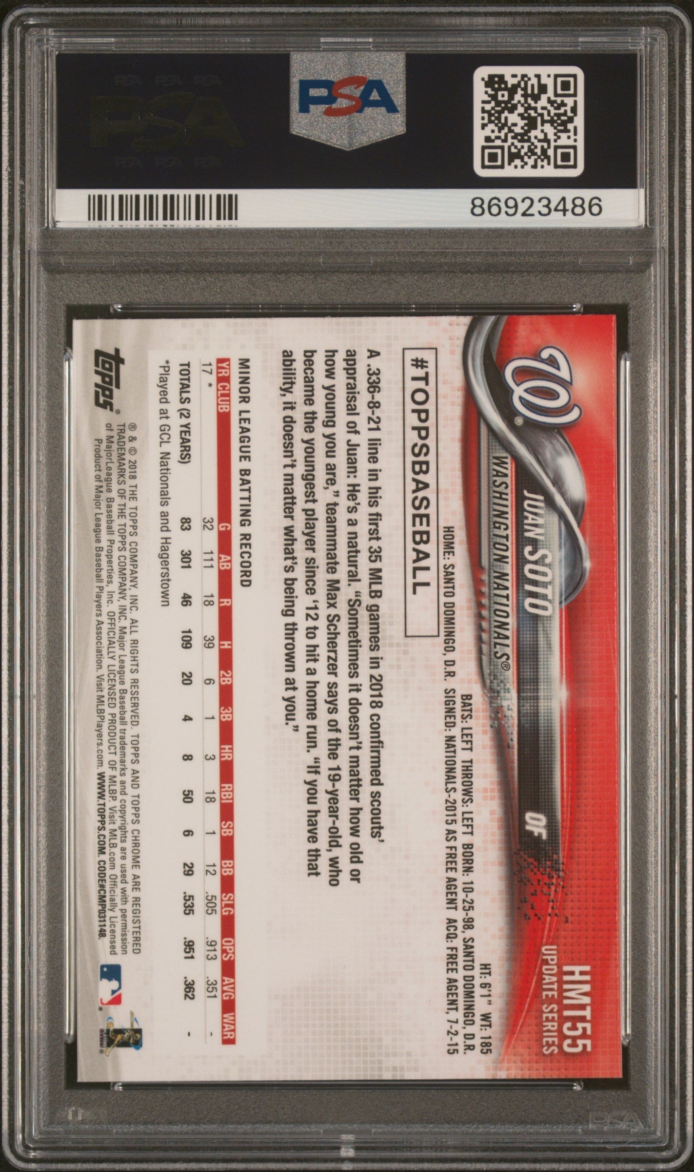 Graded 2018 Topps Chrome Juan Soto #HMT55 Update Rookie RC Baseball Card PSA 10 Gem Mint