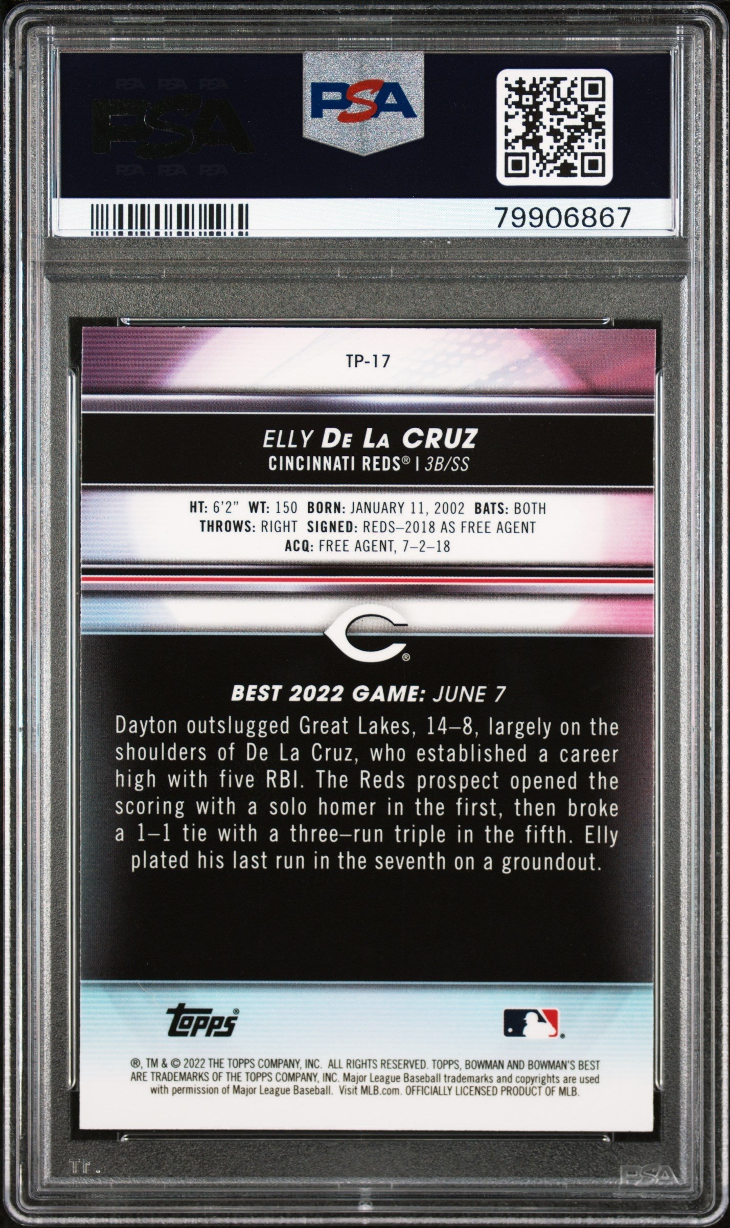 Graded 2022 Topps Bowmans Best Elly De La Cruz #TP17 Top Prospects Rookie RC Baseball Card PSA 10 Gem Mint