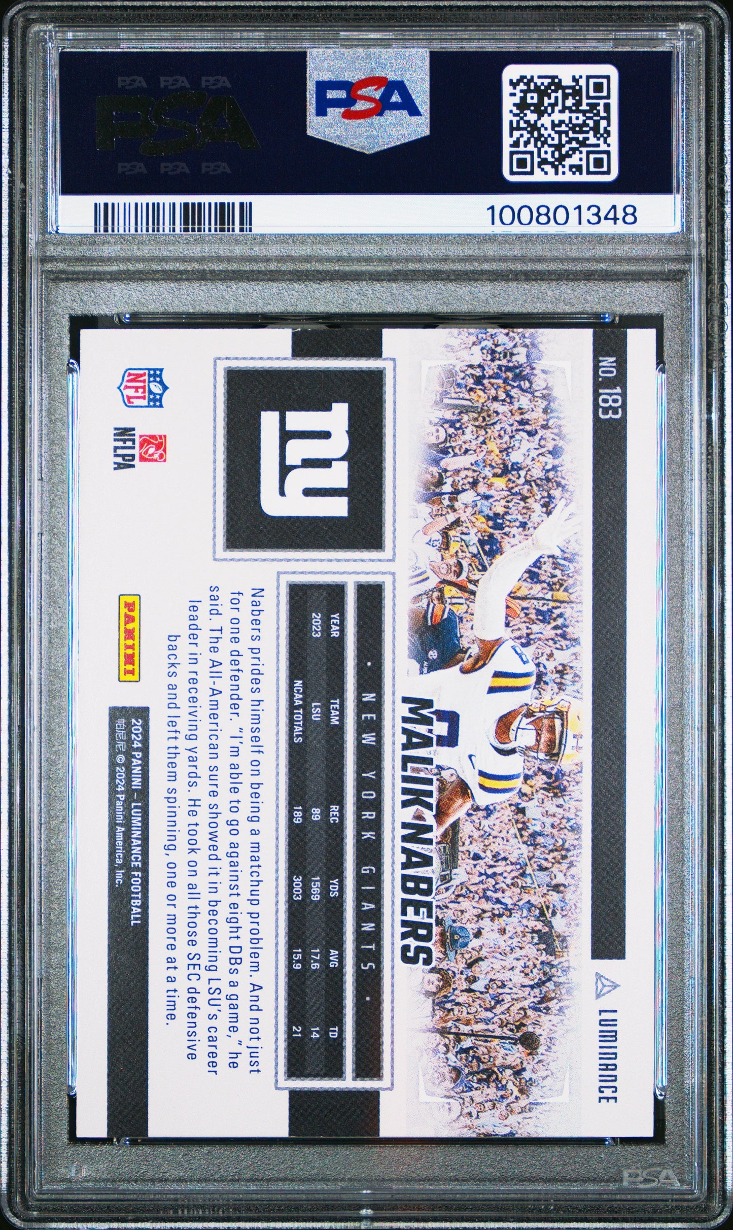 Graded 2024 Panini Luminance Malik Nabers #183 Gold #/299 Rookie RC Football Card PSA 10 Gem Mint