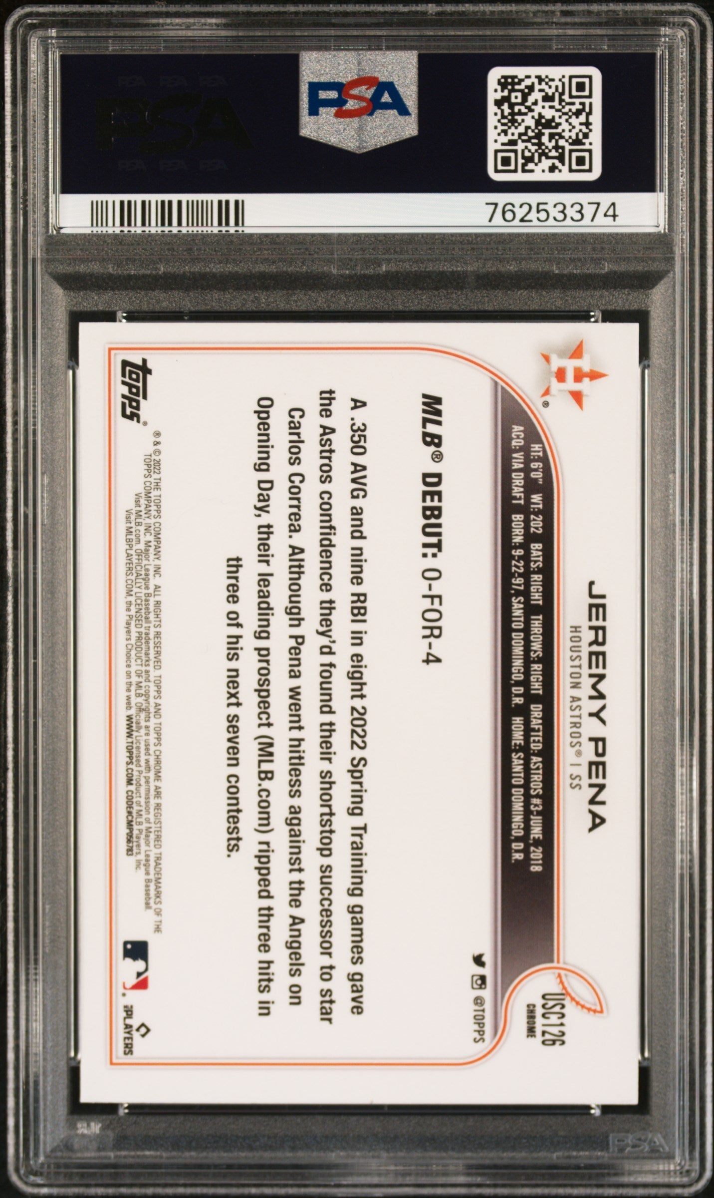 Graded 2022 Topps Chrome Update Jeremy Pena #USC126 Purple Refractor Rookie RC Baseball Card PSA 10 Gem Mint