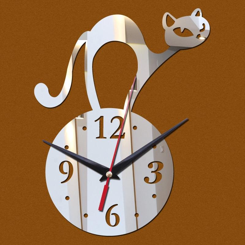 Home Decoration Wall Mirror 3D Hanging Clock Wall Murals Decal Sticker Acrylic Wallpaper for Unisex Teen Children Kid Boy Girl Classroom Gym Room Cartoon Cats Design Sticker Watch