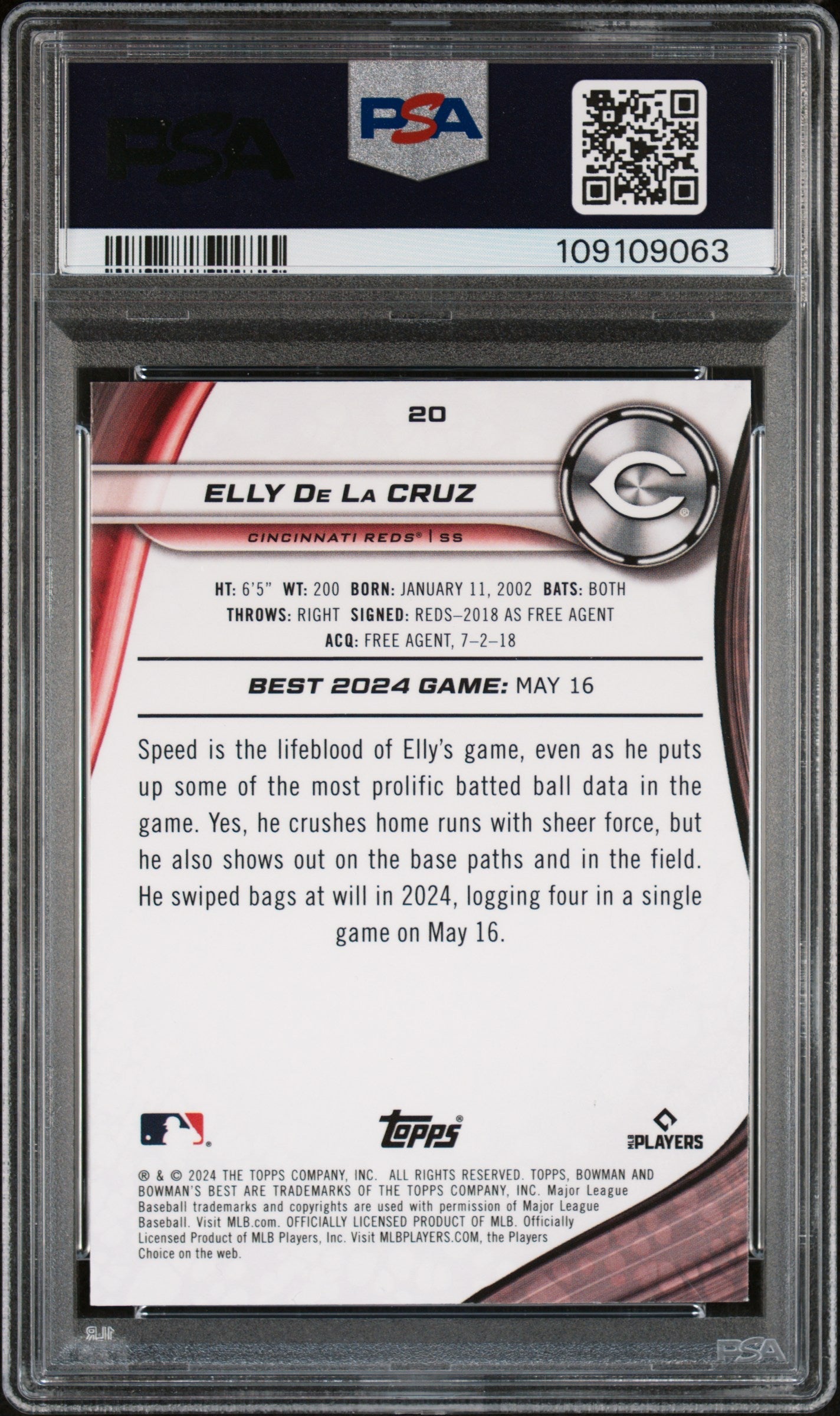 Graded 2024 Topps Bowmans Best Elly De La Cruz #20 Rookie RC Baseball Card PSA 10 Gem Mint