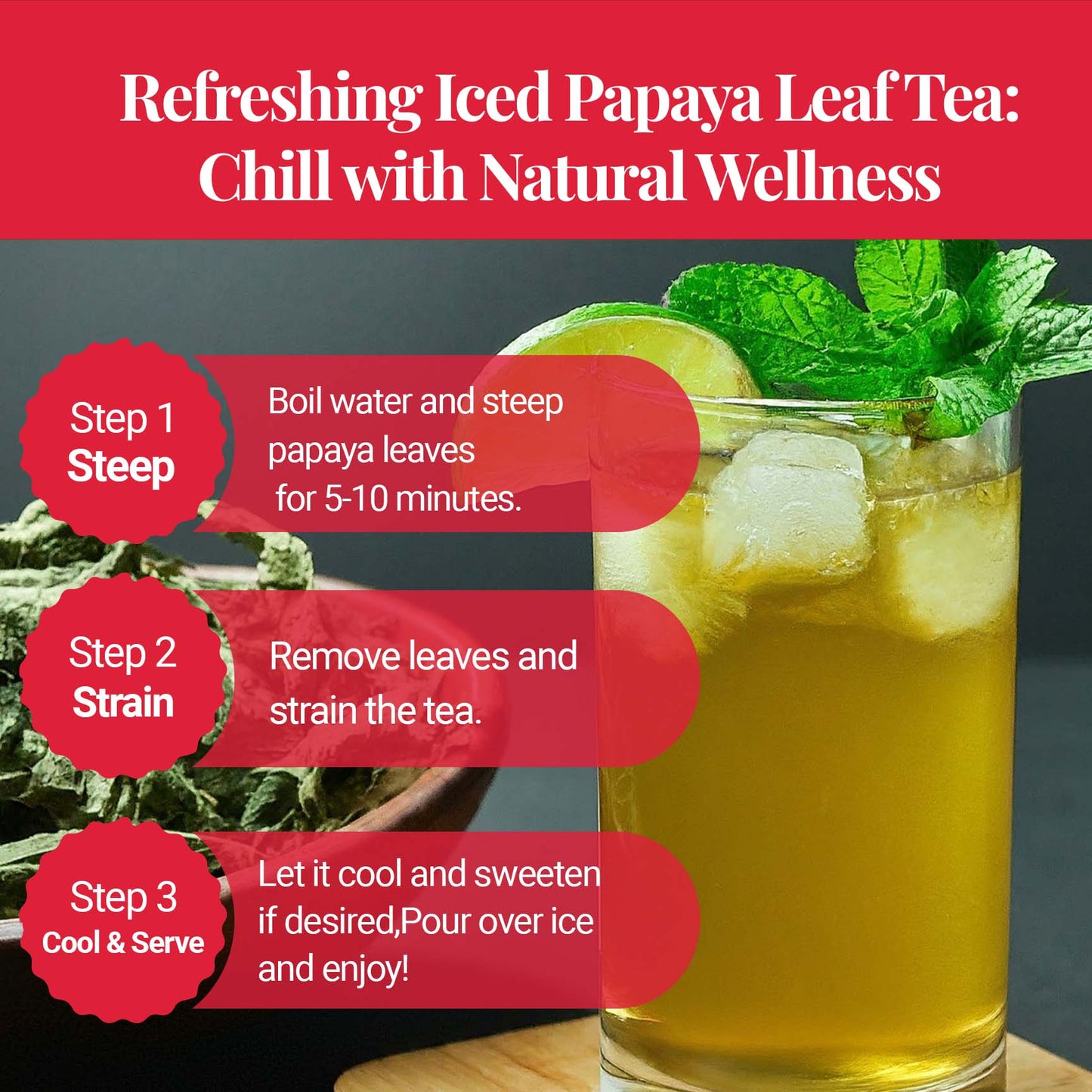 Akshit  Papaya Leaves, Hojas de papaya, 2.6oz, Dried From Green Papaya Leaf, Herbal Tea, Non GMO, Caffeine free, Sugar free, Rich In Vitamins.