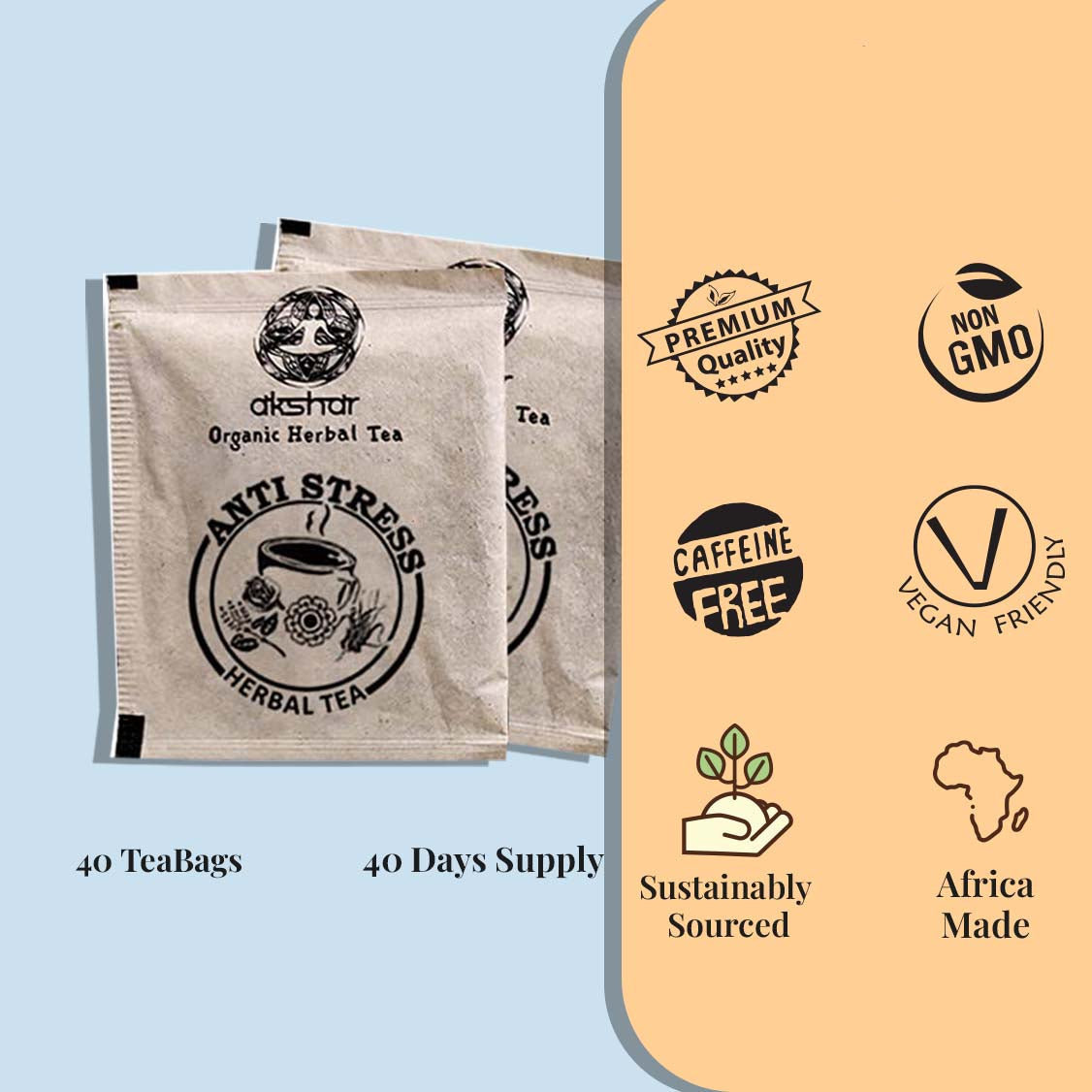 Akshit Natural Anti-Stress Tea (80 Tea Bags), Tulsi Marigold Butterfly Pea Flower Lemongrass Tea Blend , Relax Tea, Caffeine-free, Non-GMO Soothing Tea.