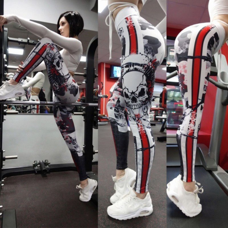 Skull Red Stripe Abstract Print Leggings | Yoga Pants | Dark Gothic Stretchy