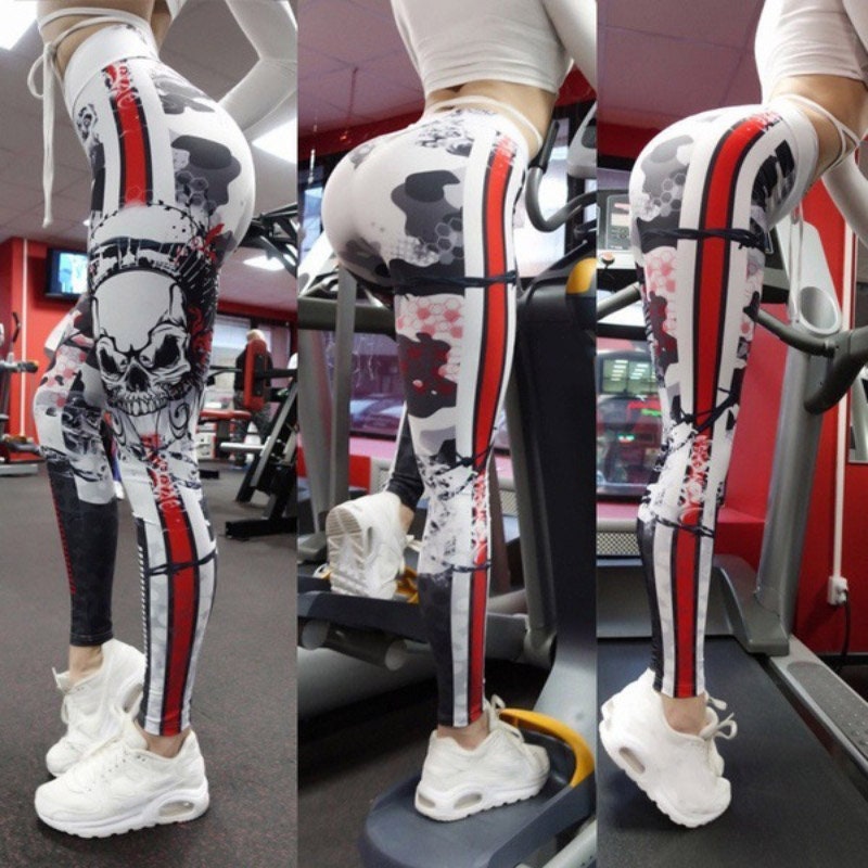 Skull Red Stripe Abstract Print Leggings | Yoga Pants | Dark Gothic Stretchy