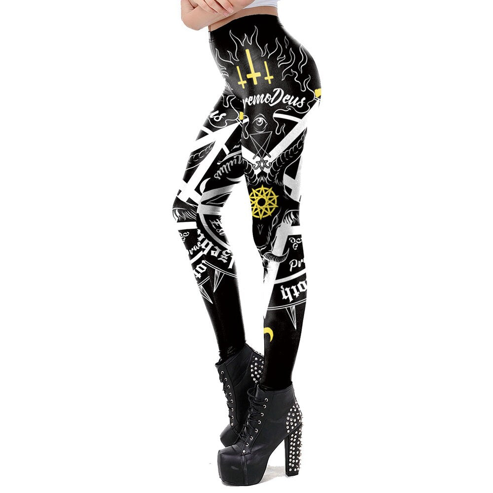 Occult Pentagram Print Leggings | Yoga Pants | Dark Skull Stretchy