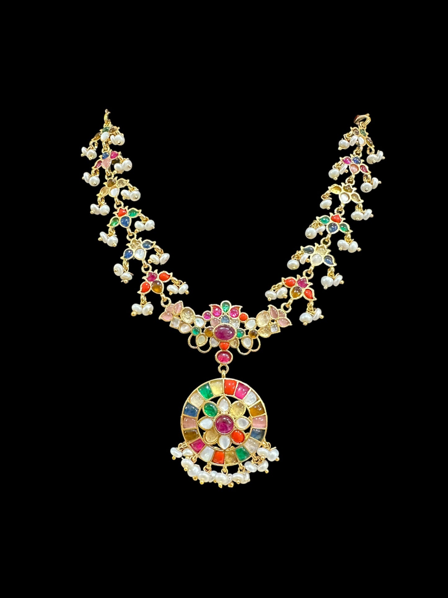 DNS18 Navratan necklace set in fresh water pearls (READY TO SHIP) )