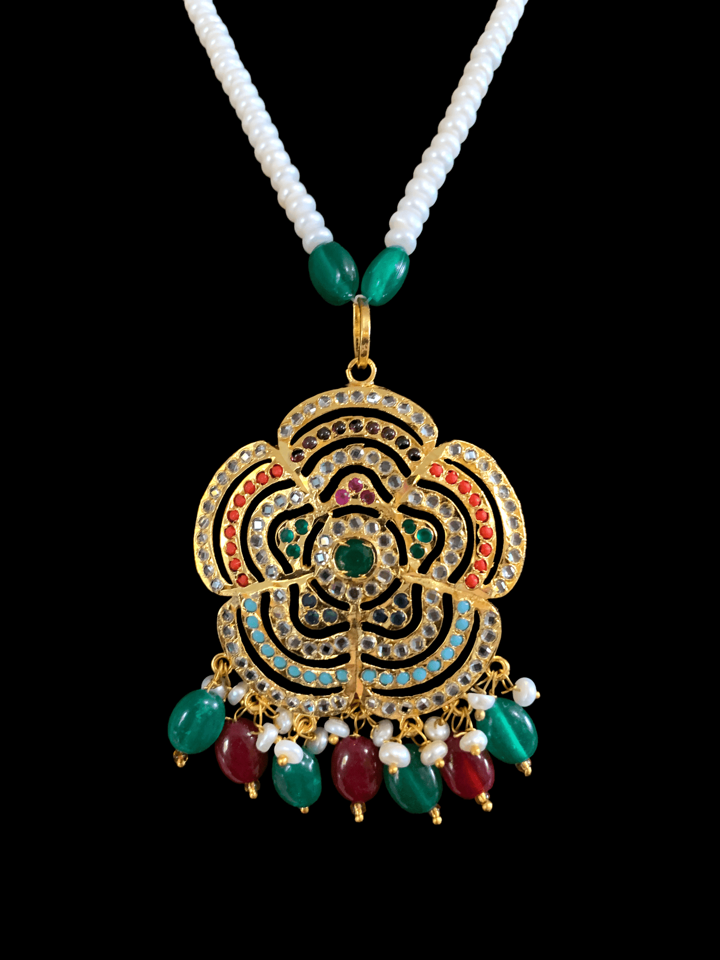 PS329 Shahla Navratan with fresh water pearl pendant set ( READY TO SHIP )
