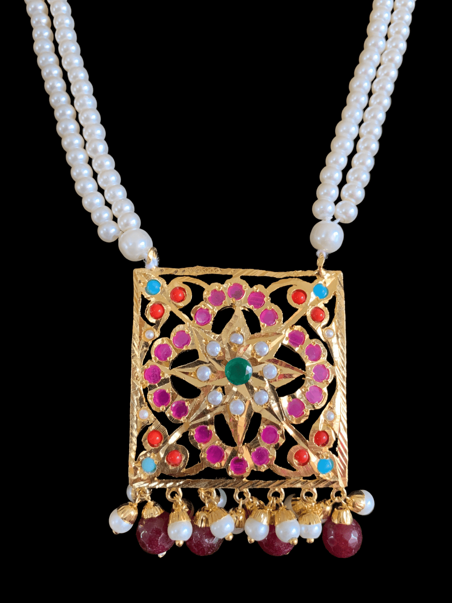PS422 Navratan jadau pendant set with jhumka ( READY TO SHIP)