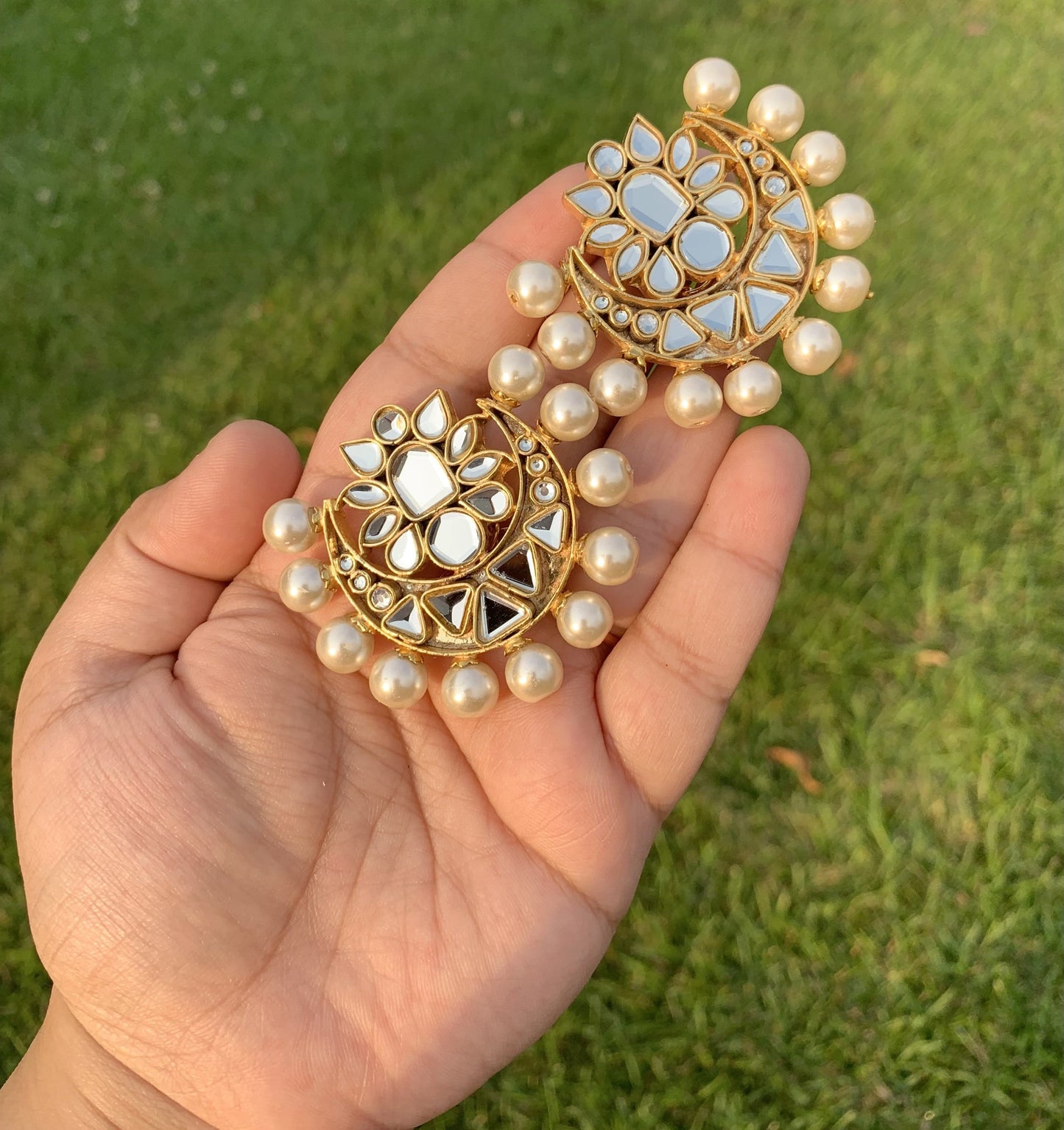 DT1 Niswa Gold-Plated Kundan Tops Handcrafted Pearl Stud Earrings ( READY TO SHIP )