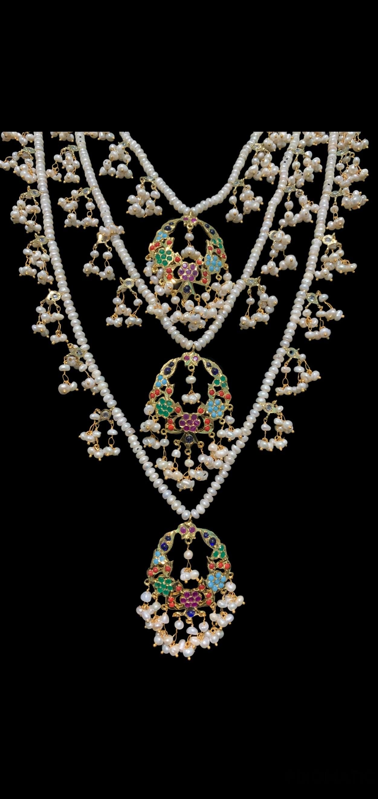 SAT14 Madhuri three layer bridal navratan set in fresh water pears ( SHIPS IN 4 WEEKS )