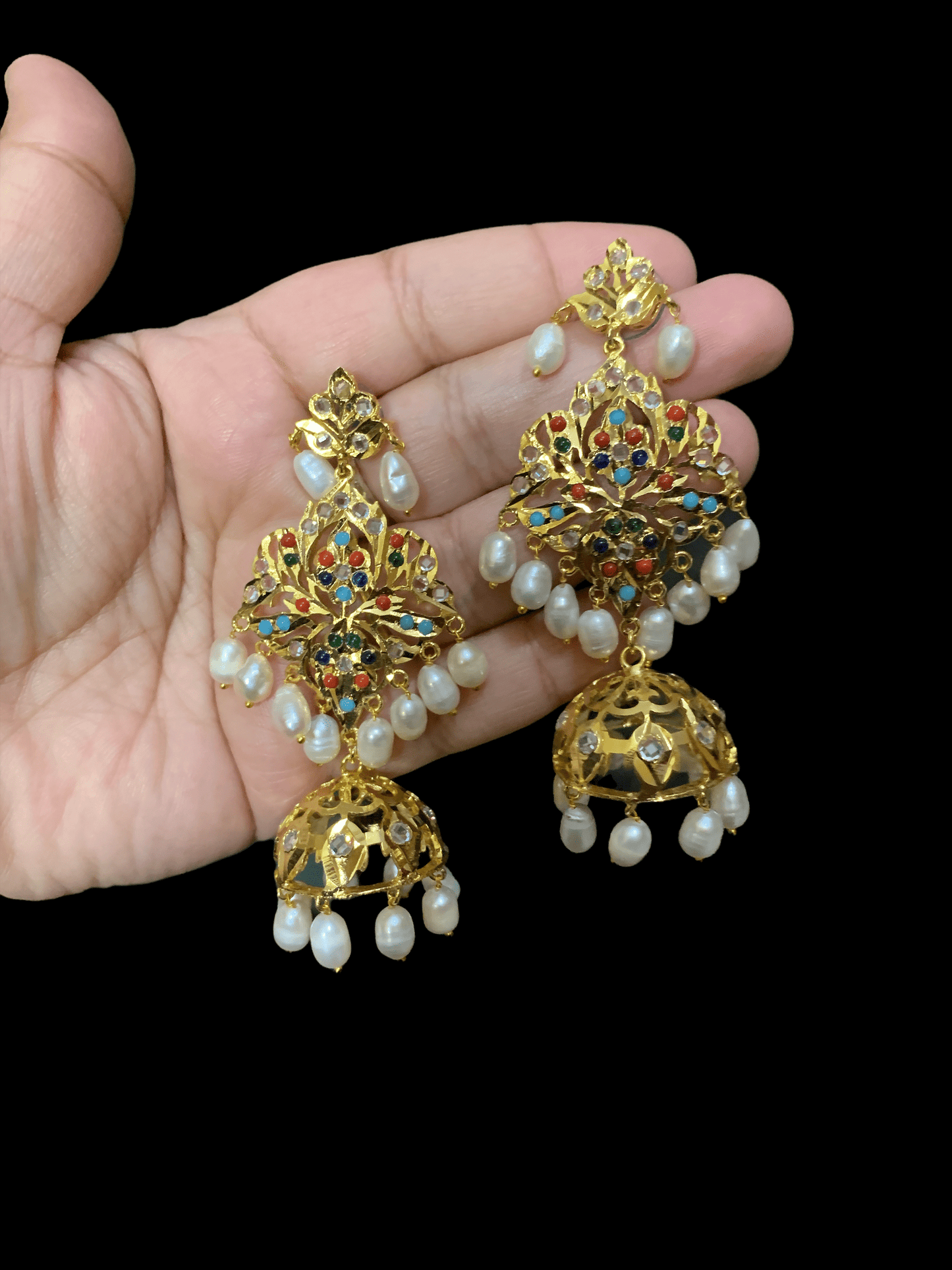 DER95 Lina earrings in fresh water pearls - navratan ( SHIPS IN 4 WEEKS )