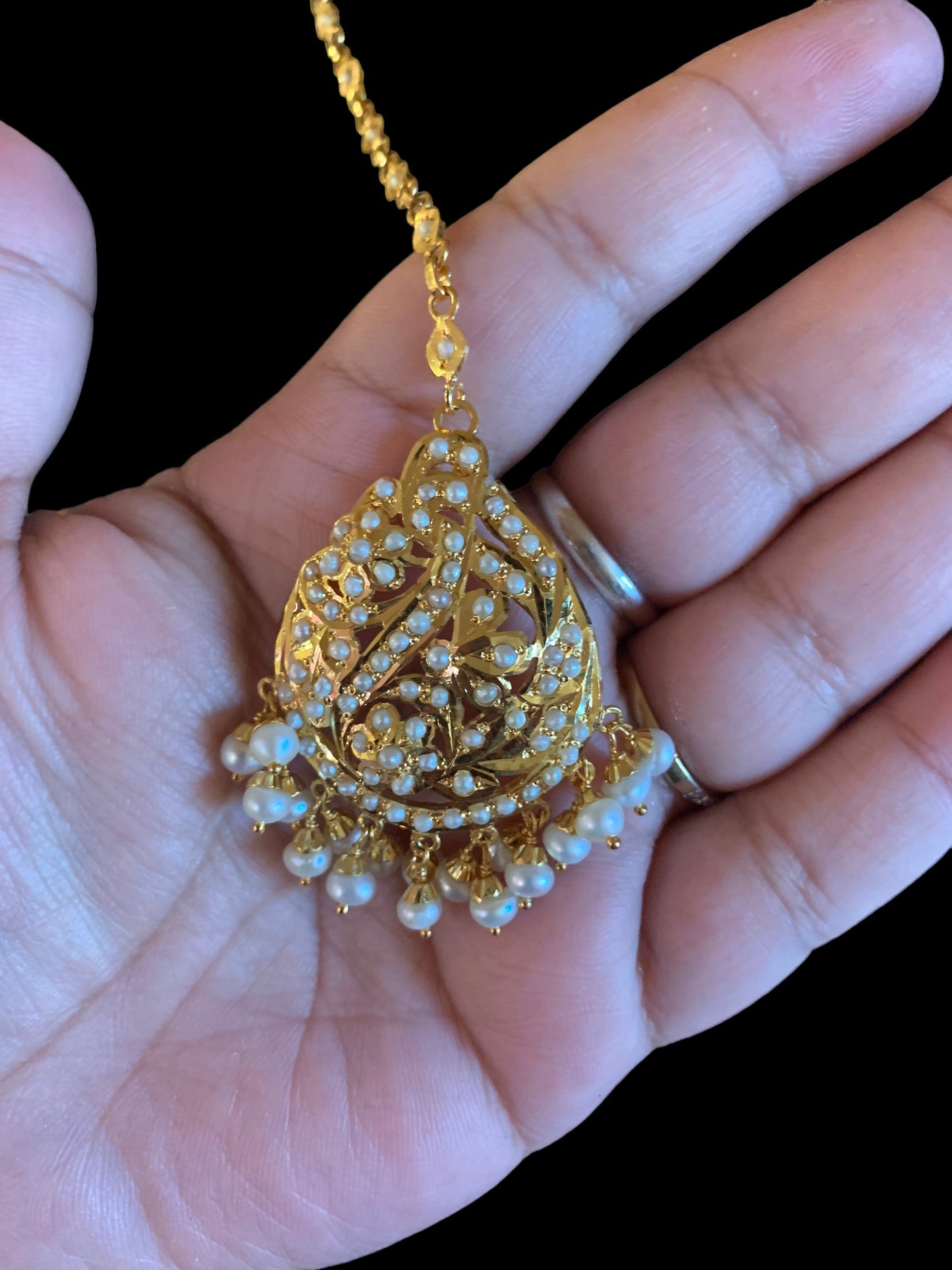 Gold plated silver tikka in fresh water pearls ( SHIPS IN 4 WEEKS  )