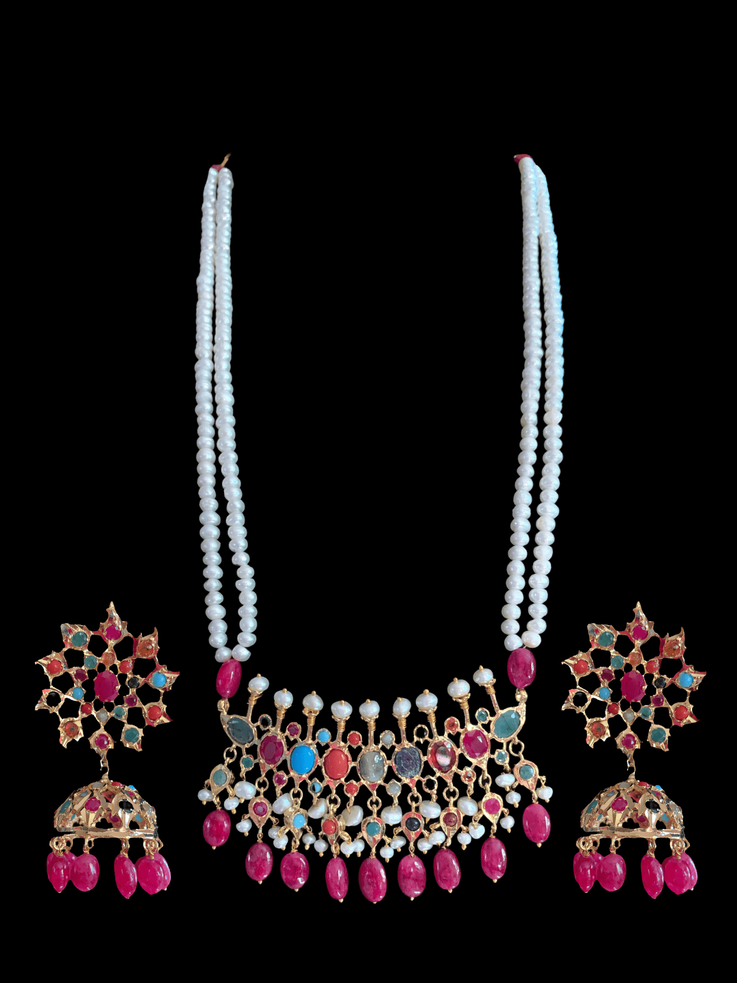 PS510 Navratan Tirmani Necklace with Oversized Jhumka Earrings – Gold-Plated Jewelry with Freshwater Pearls and Real Ruby Beads ( READY TO SHIP )