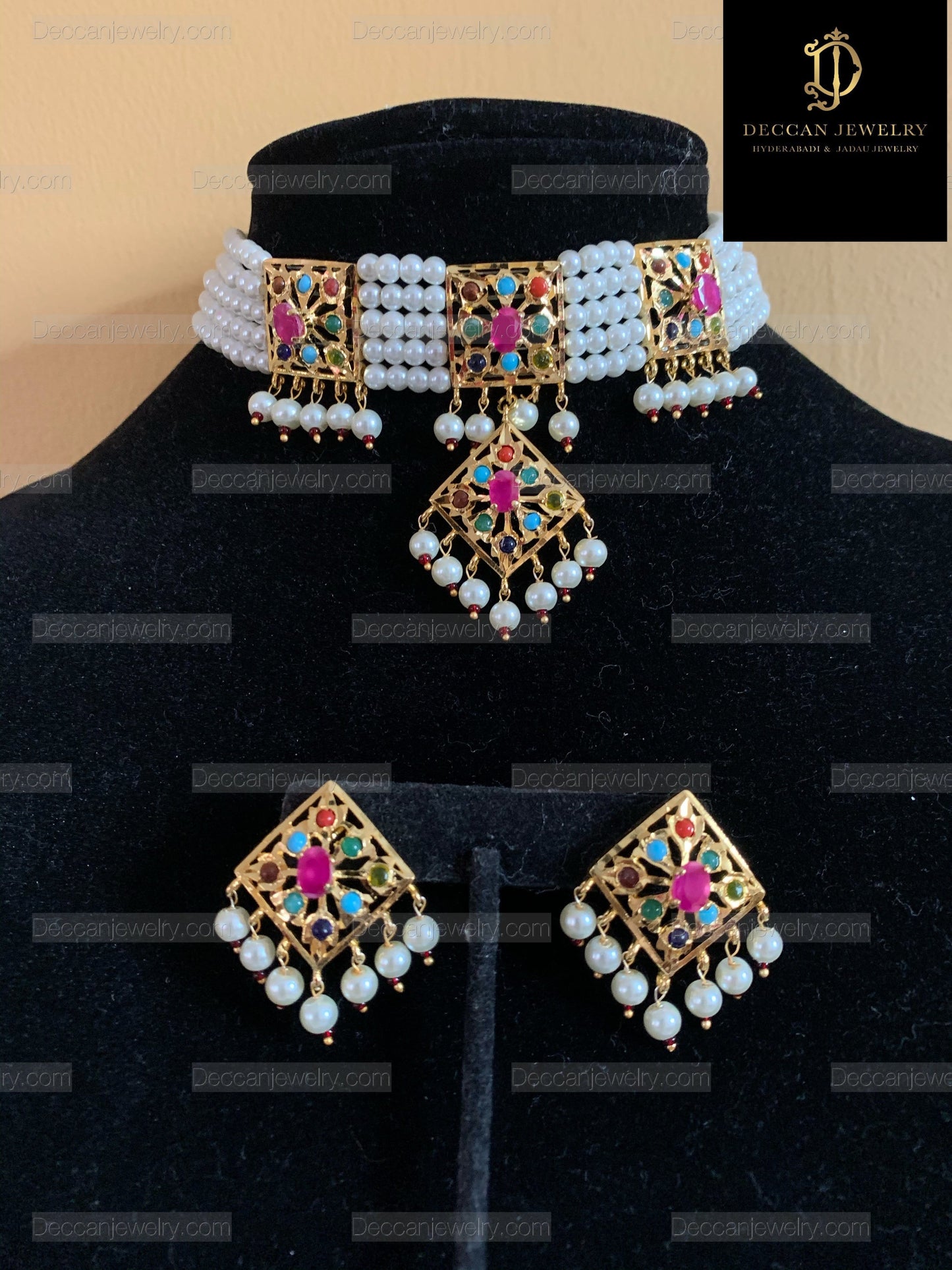 C89 Anushay choker set in navratan ( READY TO SHIP )