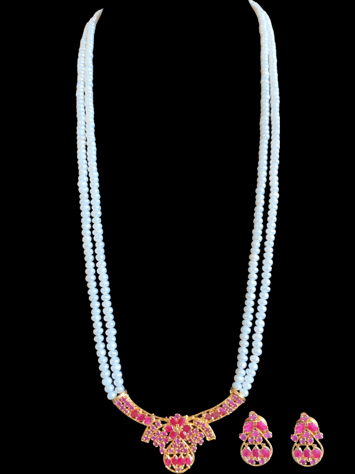 LN133 Ruby long necklace set in fresh water pearls ( READY TO SHIP )