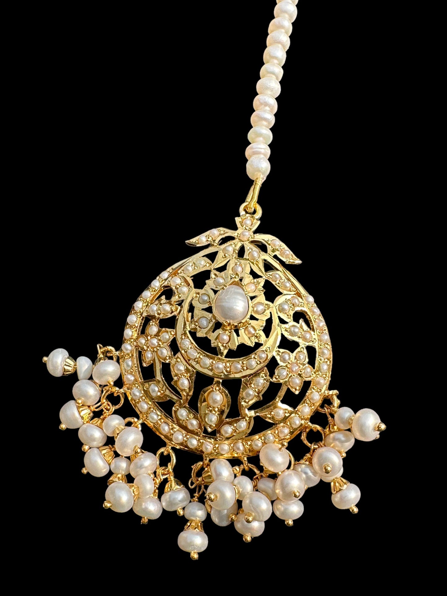 Gold plated silver tikka in fresh water pearls ( SHIPS IN 4 WEEKS  )