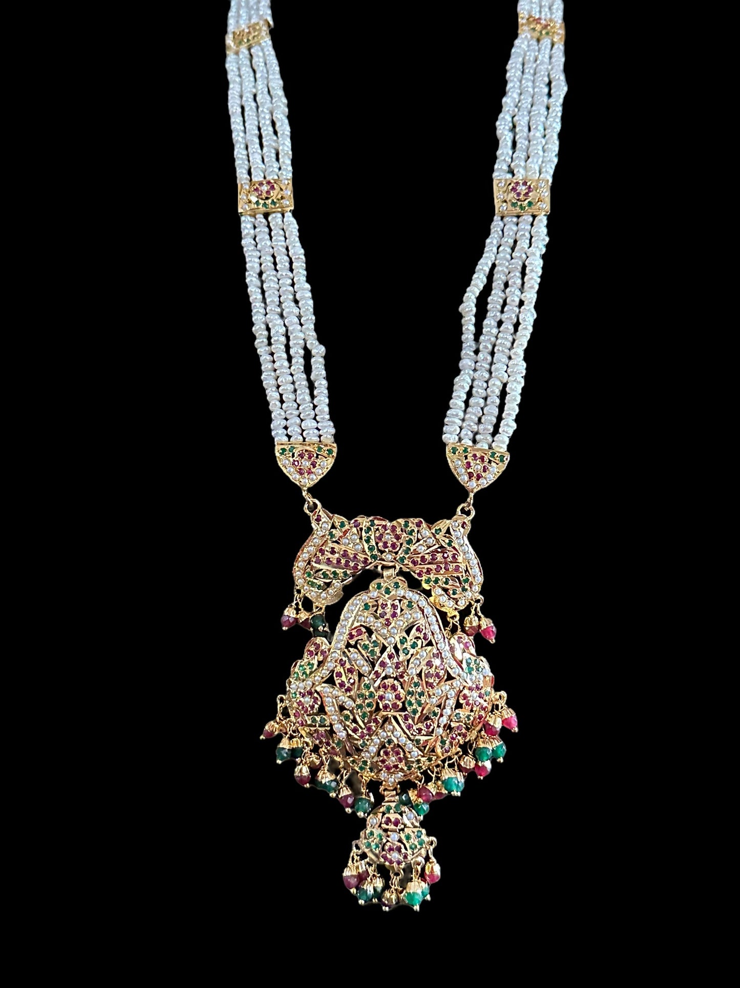 DLN11 jadau rani haar in ruby emerald with fresh water pearls ( READY TO SHIP)