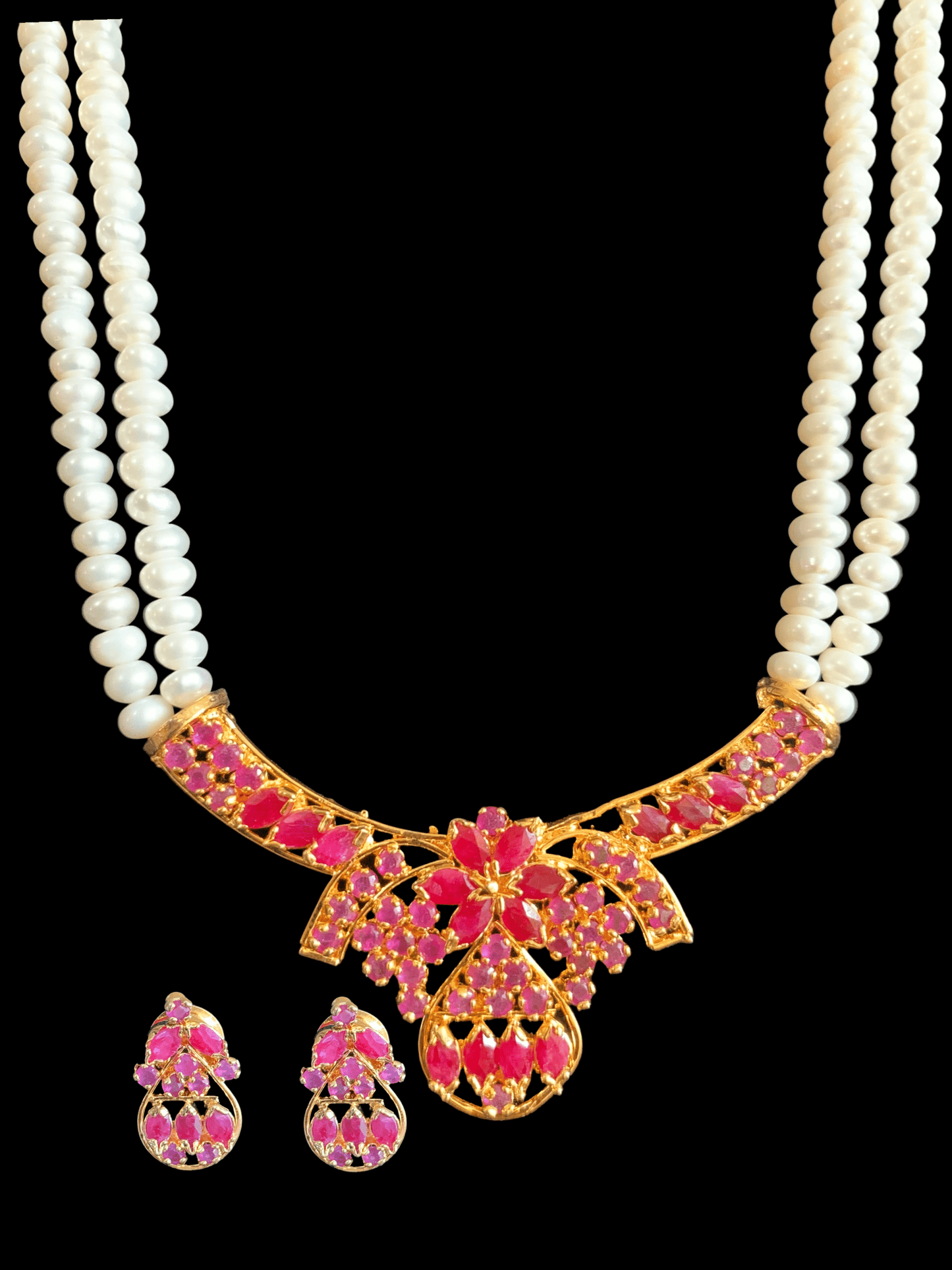 LN133 Ruby long necklace set in fresh water pearls ( READY TO SHIP )