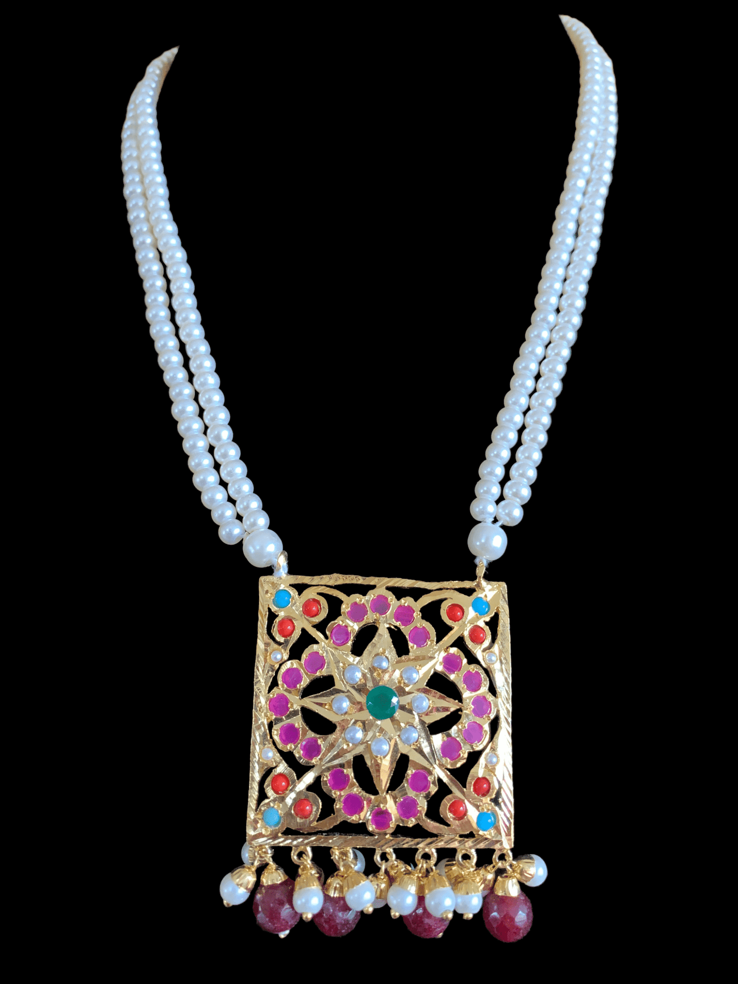 PS422 Navratan jadau pendant set with jhumka ( READY TO SHIP)