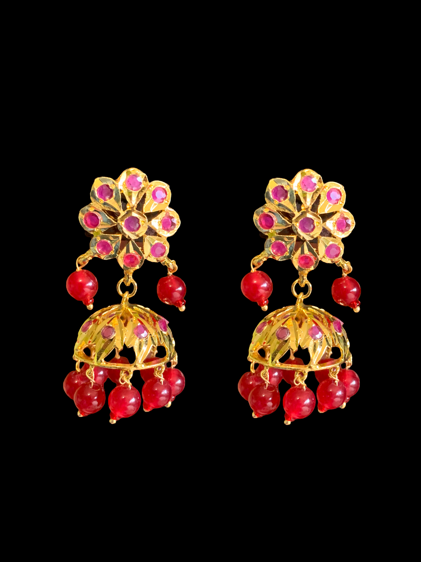 DER345 Ruby jhumka in flower tops ( SHIPS IN 3 WEEKS )