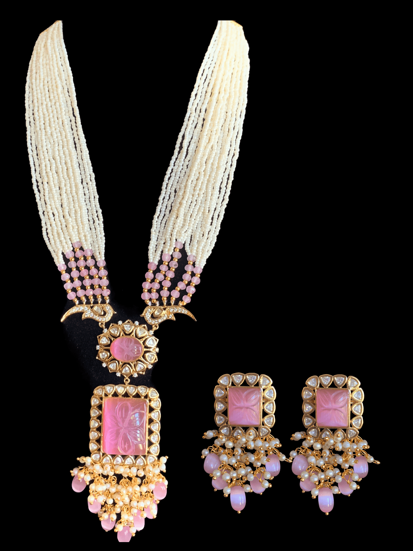 LN93 Mithali high quality cz polki necklace set -pink( READY TO SHIP)